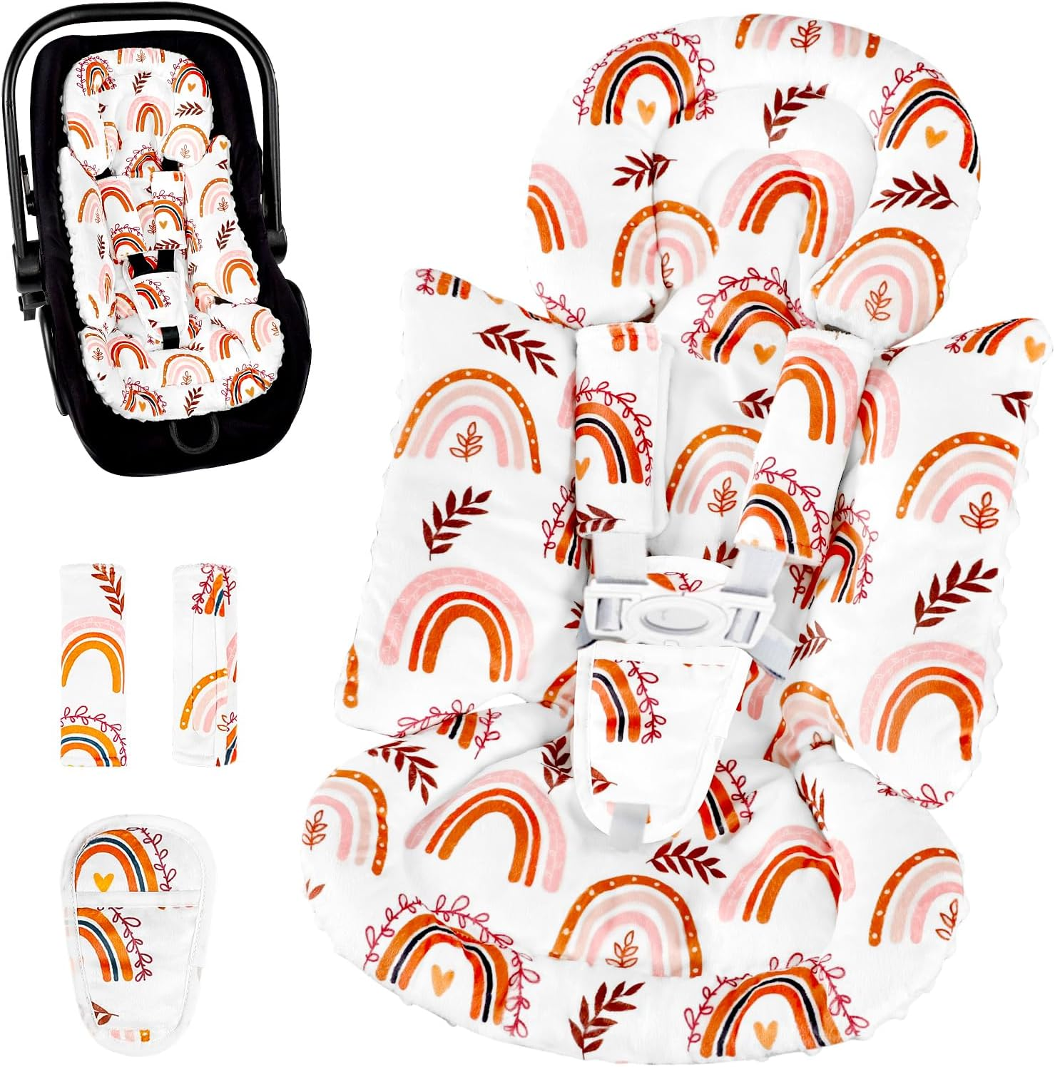 Pea Pod Infant Car Seat Insert with 3 Strap Covers, 3 in 1 Reversible Rainbow Baby Car Seat Head Support for Newborn, 3D Soft Carseat Cushion for Preemie to Infant, Stroller, Swing, Bouncer