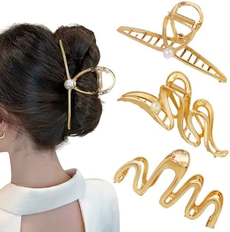3 Pack Hair Claw Clips for Thick Long Hair, Silver Metal Wave Cross with Peal Big Jaw Clamps Hair Accessories for Women, Fashion Elegant Aesthetics Variety Hairgrip Styling Tools image number 2