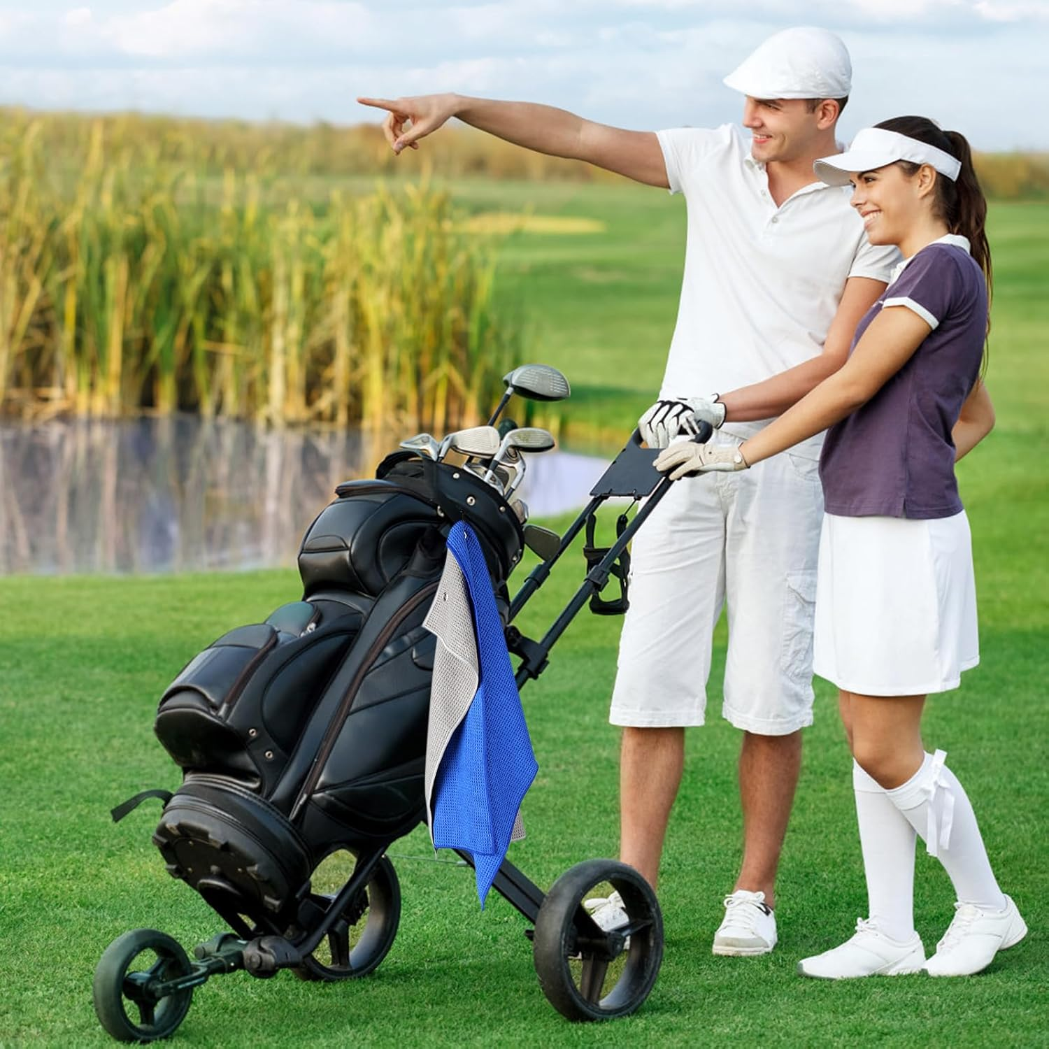 [3 Pack]Microfiber Golf Towels (40X40Cm) with Carabiner Clip & Hook, Convenient Golf Cleaning Towel, Waffle Pattern Tri-Fold Handy Picks Towel (Black+Blue+Gray)