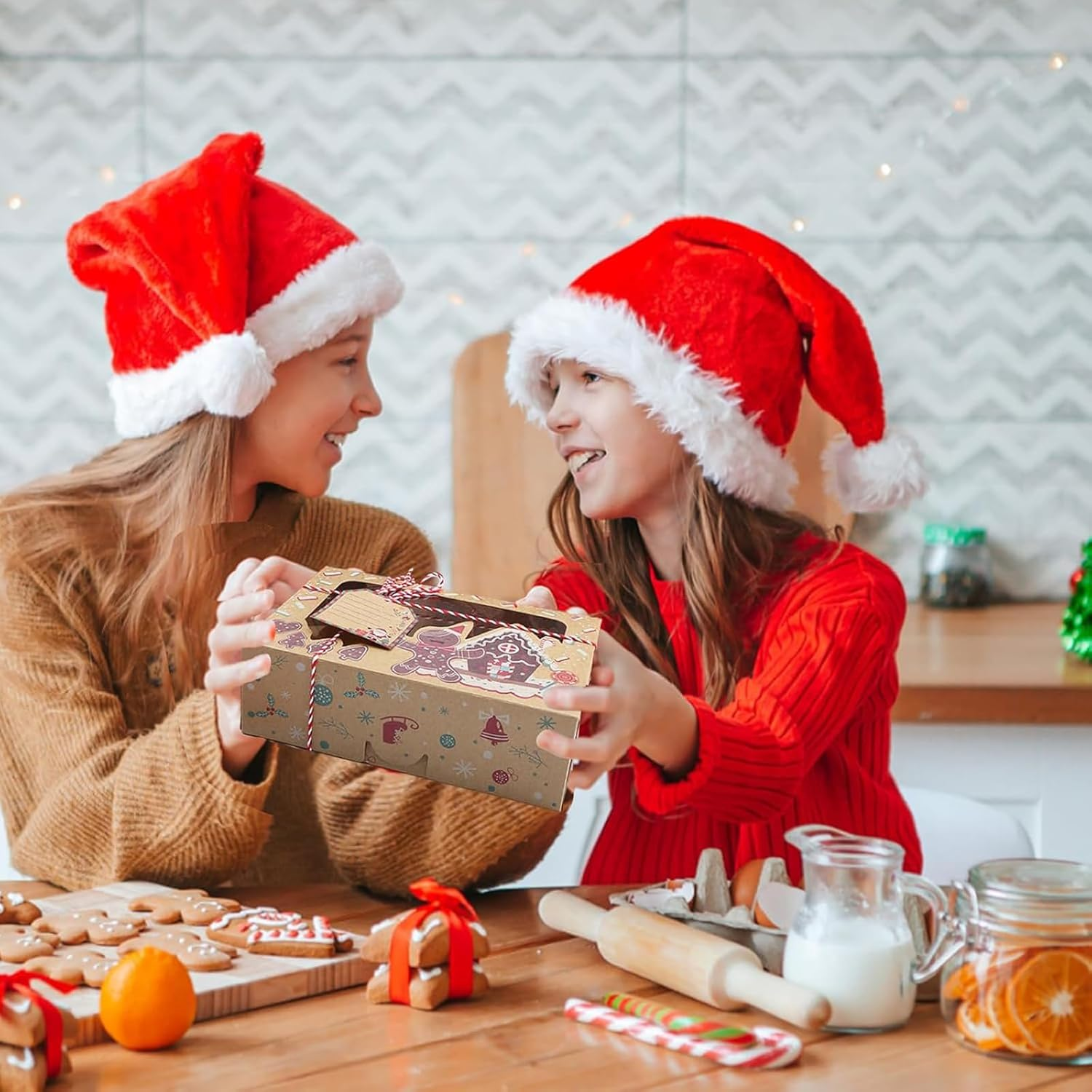 12 Piece Christmas Cookie Boxes with Window, Large Holiday Kraft Bakery Snack Boxes with Window, DIY Tags and Ribbons,Christmas Kraft Cupcake Boxes for Gift Giving Xmas Food Containers