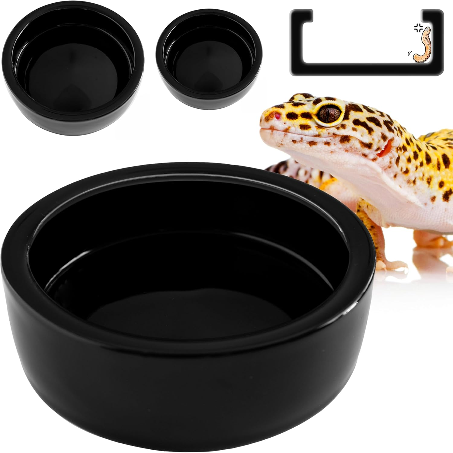Reptile Worm Dish Bowl - Anti-Escape Ceramic Worm Dish Feeder for Lizard, Leopard Gecko, Bearded Dragon, Chameleon, Skink, Tegu, Snake, Mealworm, Superworm, Dubia Roaches (Large, Black)