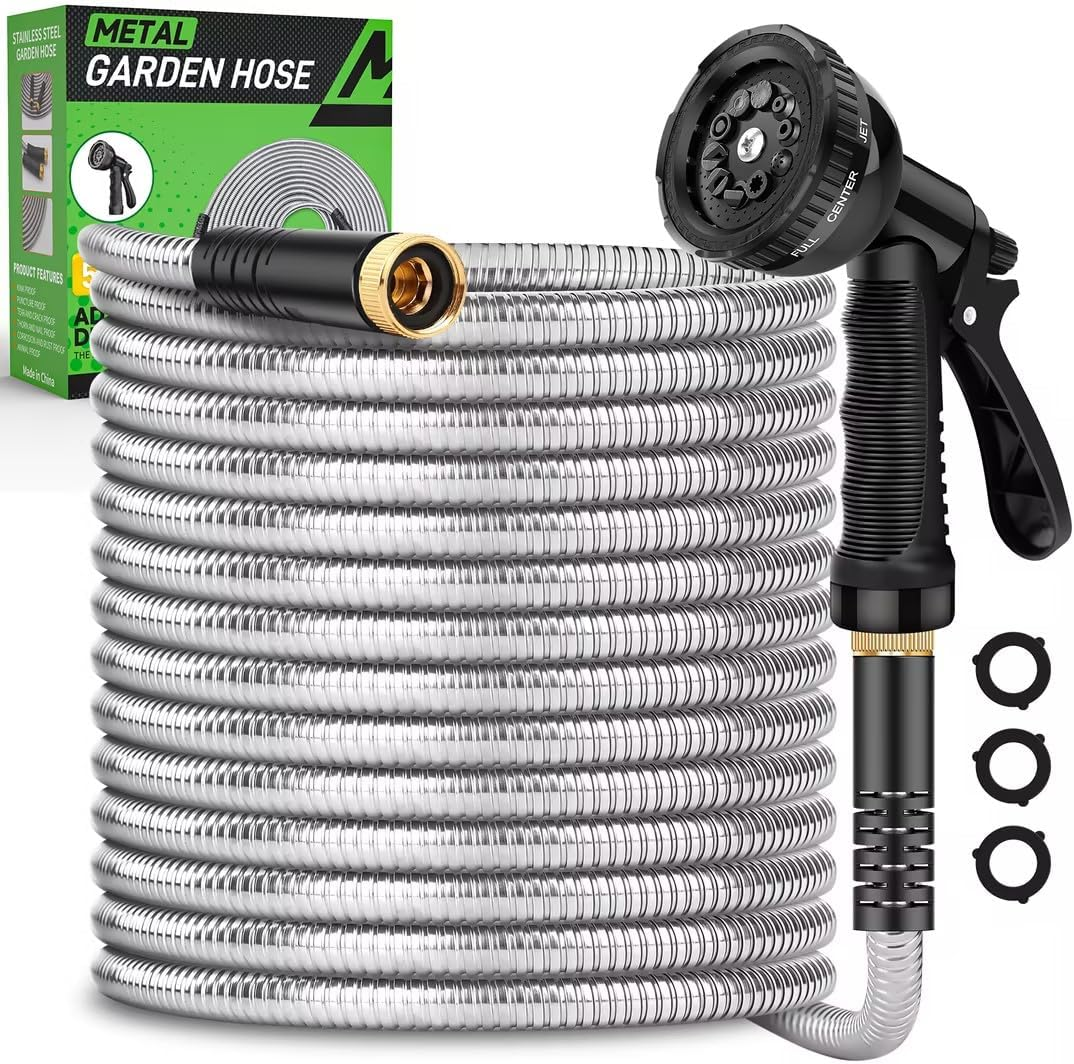 Garden Hose 50Ft, Heavy Duty Stainless Steel Water Hose with 10 Functional Nozzles, No Kink, Lightweight and Flexible, Easy to Use and Store, Strong and Sturdy, Suitable for Yard and Lawn image number 5