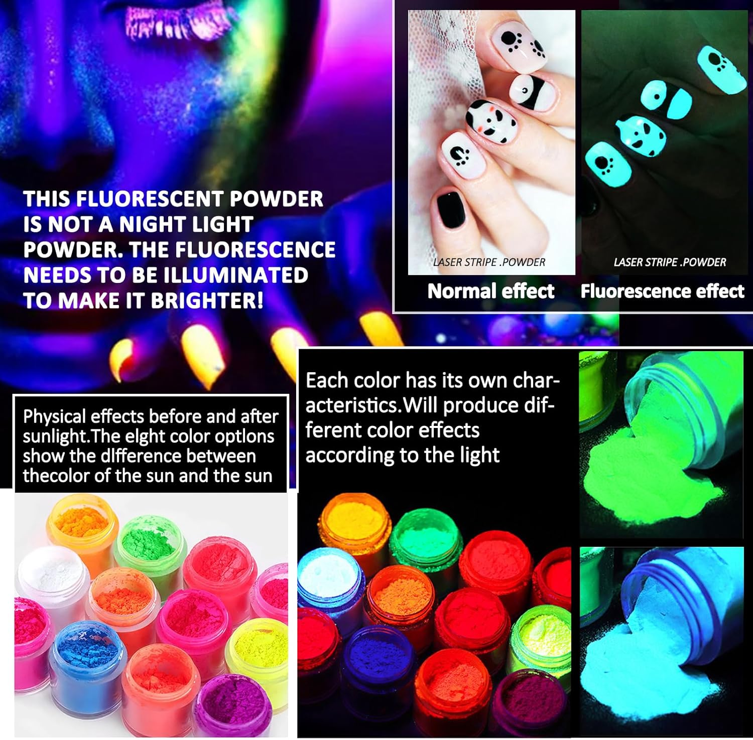 Enmart Fluorescent Nail Powder, Neon Phosphor Pigment Powder Set, Ultrafine Luminous Nail Pigment Dust for DIY Nail Decoration, Waterproof Glitter Eyeshadow, 12 Colors image number 4
