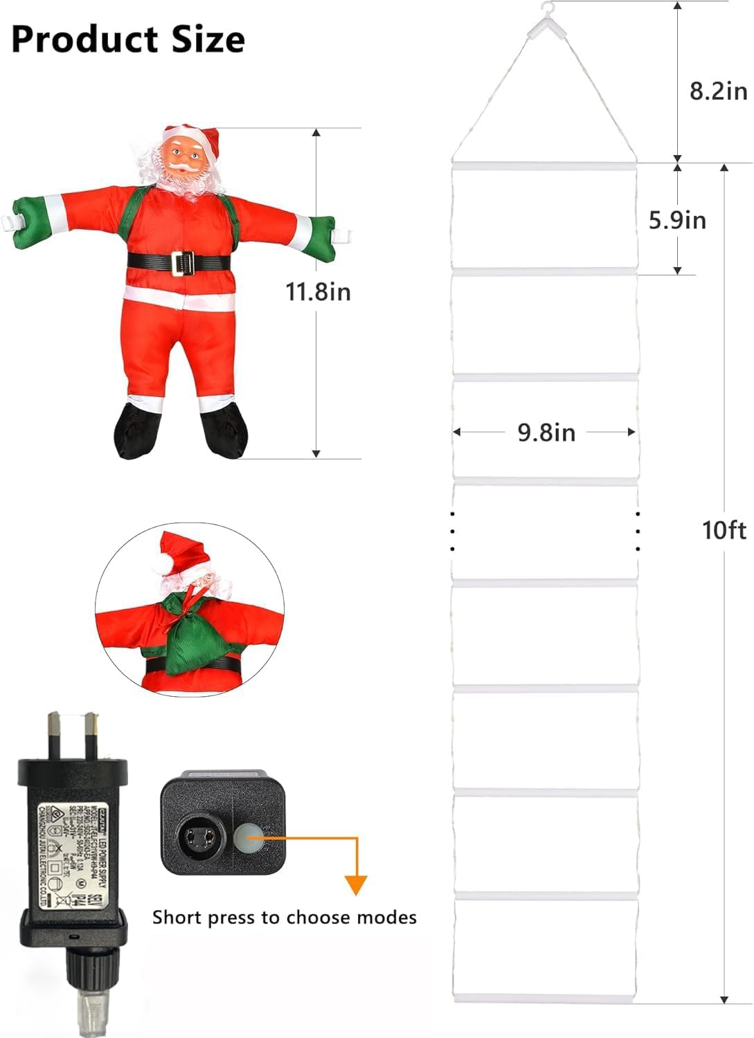 Christmas Decorations LED Ladder Lights with Climbing Santa Claus, 10Ft Outdoor Christmas Decorative Lights - 8 Modes Xmas Lightst Tree for Home Holiday Wall Window Xmas Decor (Warm White) - Multi Color image number 3