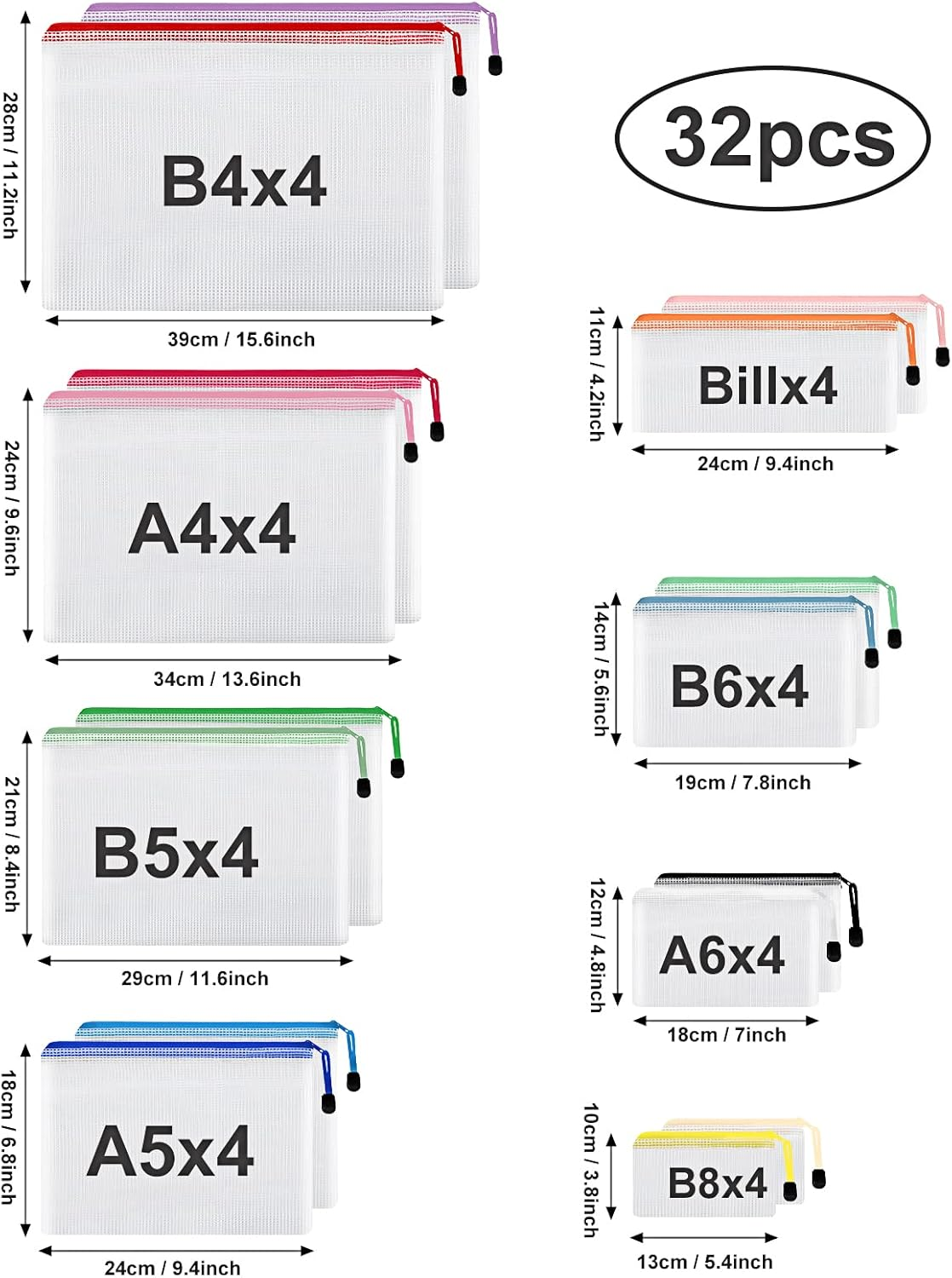 EOOUT 32Pcs 8 Sizes Mesh Zipper Pouch, Waterproof Mesh Bags with Zipper, 16 Colors Travel Pouches, for Board Games Toys Storage, Travel Accessories, Documents Cosmetics School Office Supplies image number 1