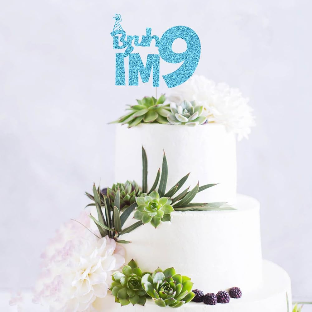 XIUHUBA Bruh I'M 9 Cake Topper, Happy 9Th Birthday Cake Decor, Kids Boys 9Th Birthday Party Decorations, Funny Nine Years Old Birthday Party Supplies Blue Glitter image number 4