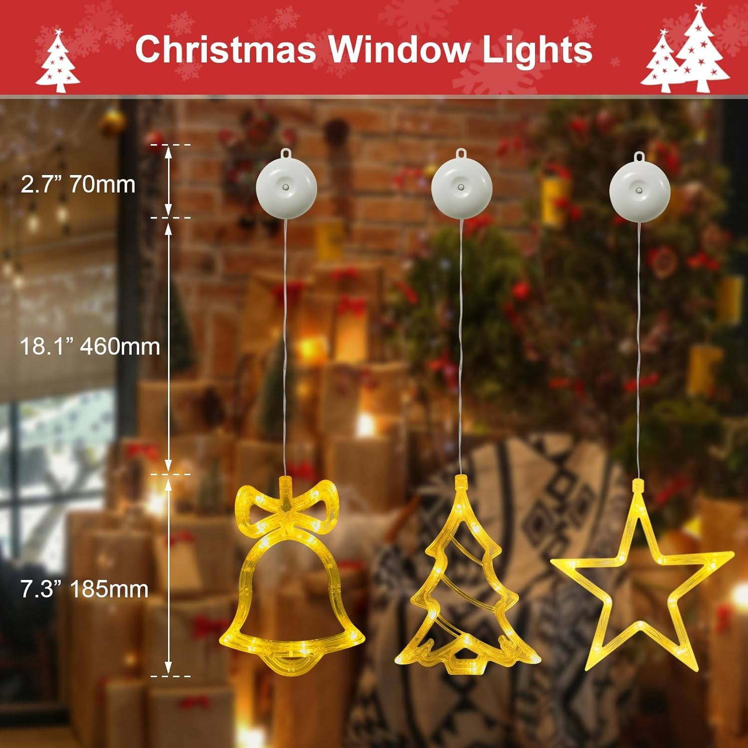 BAOMING Christmas Decoration Window Lights Set Star Ring Bell and Christmas Tree Lights Warm White Battery Operated for Window Door Interior Walls Decorating