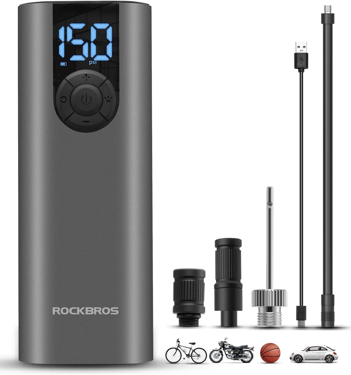 ROCKBROS Portable Air Pump 150PSI Mini Electric Tire Pump Inflator 5 Modes Cordless Air Compressor with 2*2600 Mah Rechargeable Lithium Battery Portable Tire Pump with LED Light for Bike Motorcycle Car Tires Balls Inflatables image number 3