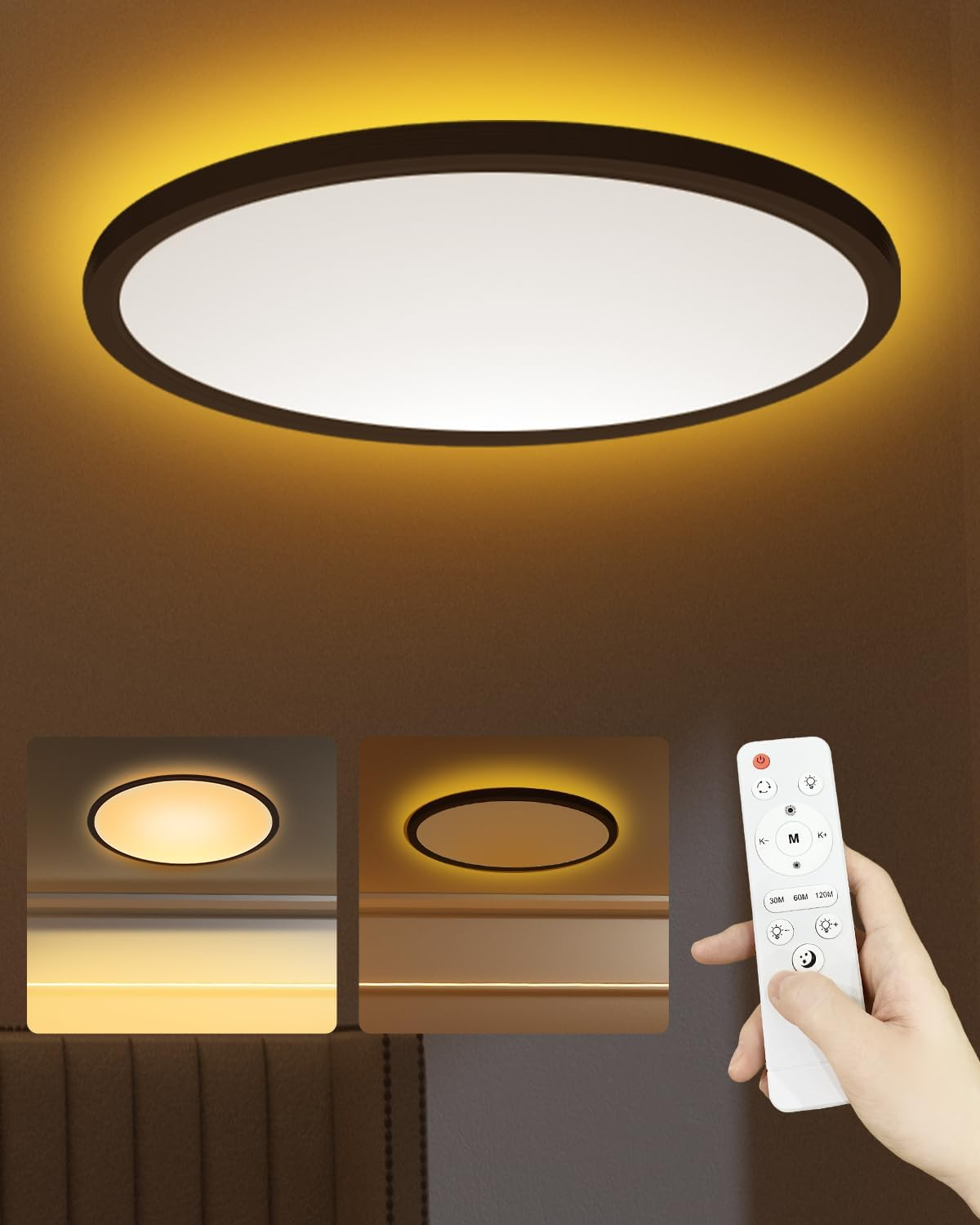 Doright 24W LED Flush Mount Ceiling Light, 12 Inch round LED Ceiling Light Flat with Remote Control, 2400LM, 3000K/4000K/6500K, Dimmable, Timer Function, Night Light Mode - Black