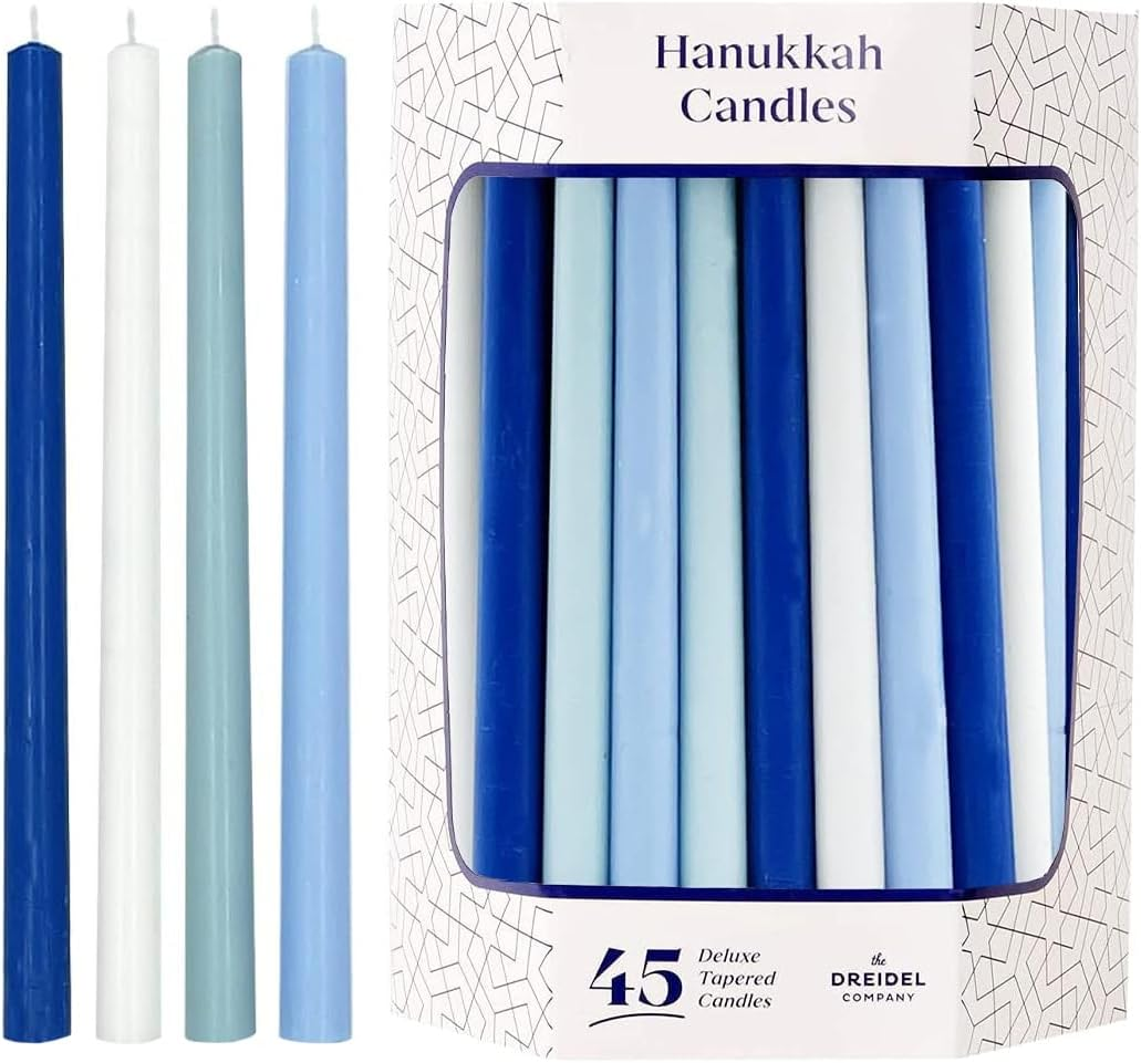 The Dreidel Company Deluxe Tapered Pastel Blue and White Hanukkah Menorah Candles for All 8 Nights of Chanukah