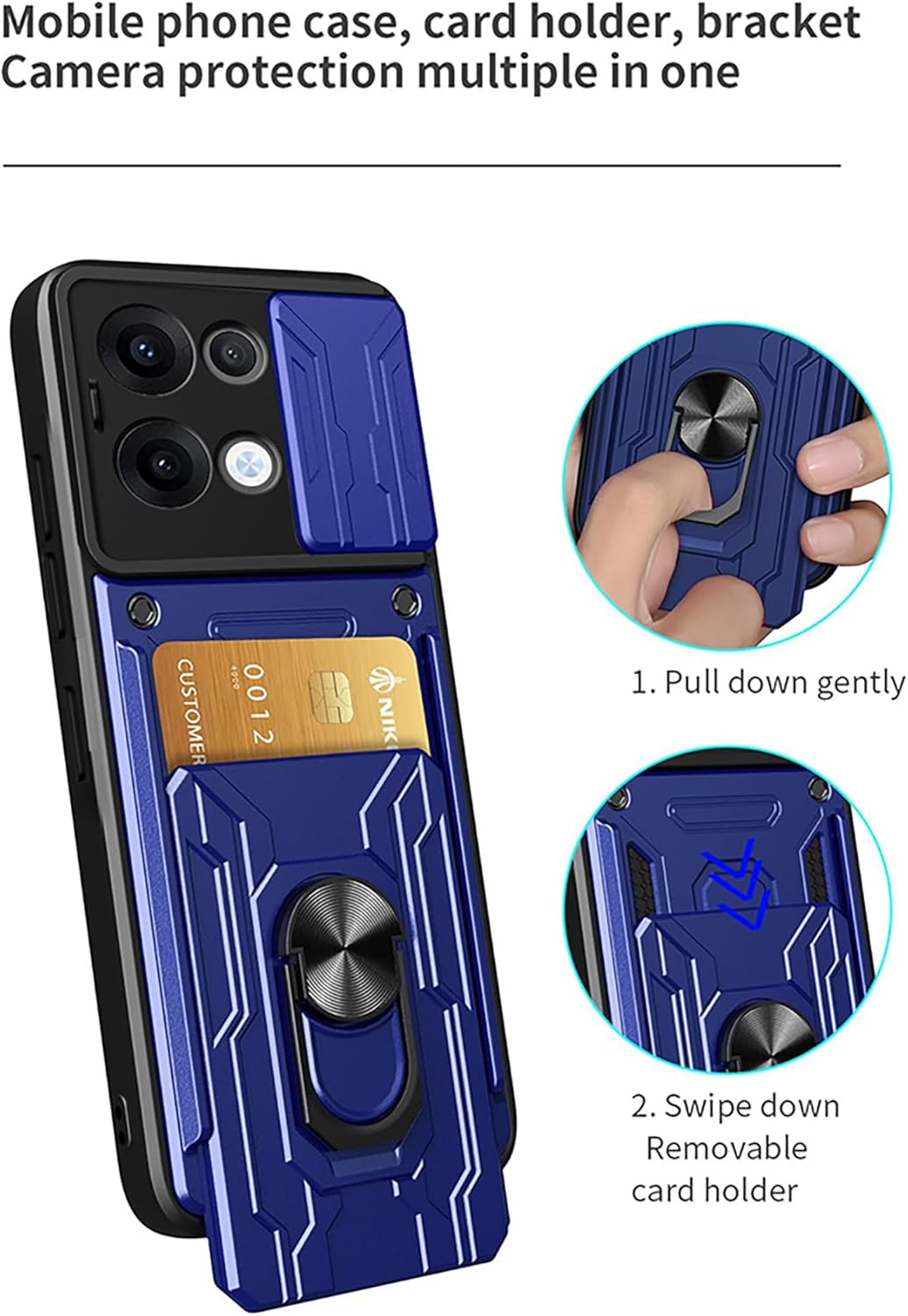 ILING Wallet Mobile Phone Case for Oppo Reno 13 Pro 5G (Reno13 Pro 5G), Ultra Thin Shockproof Matte PC Silicone Case Armour Protective Case with Card Slot, Ring Stand, Camera Protection (Blue) - Blue image number 3
