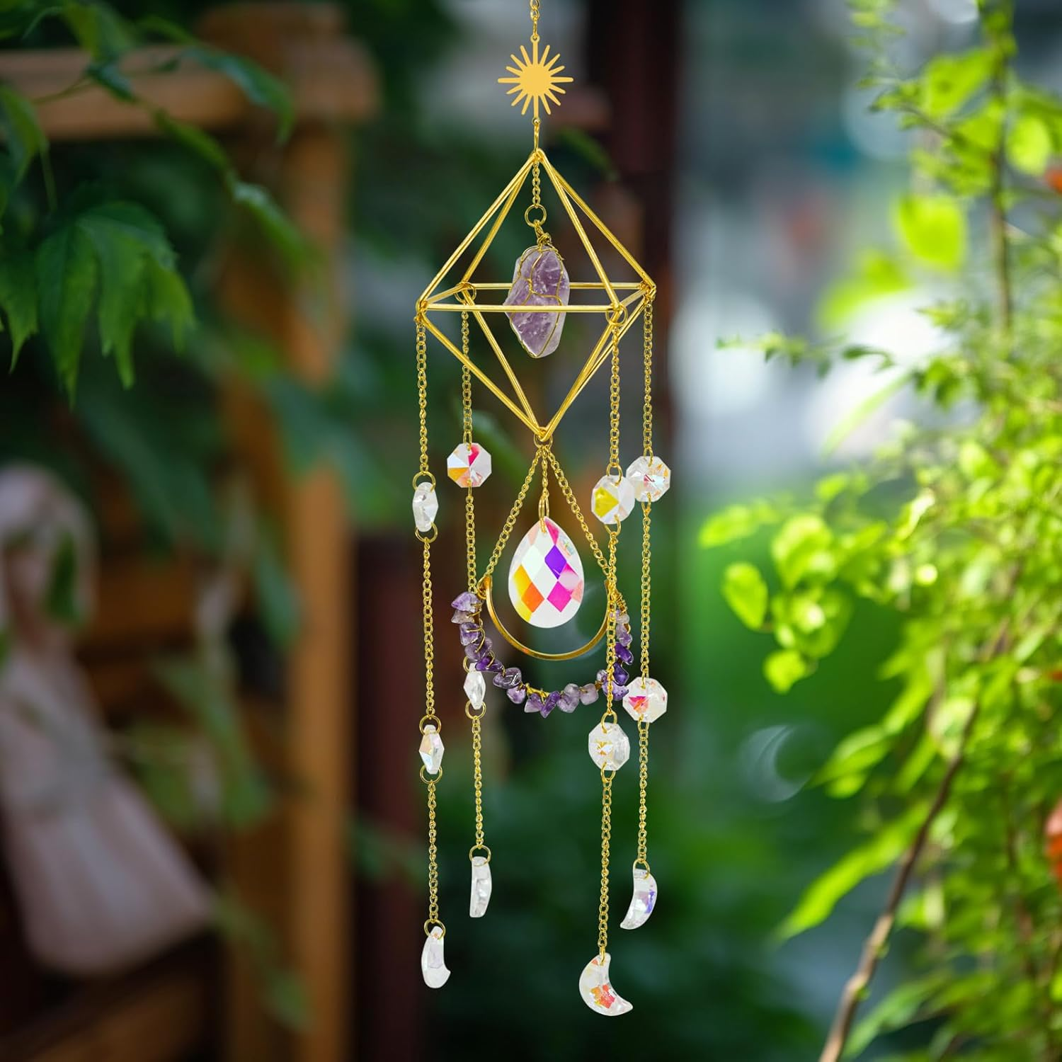 Mrmrkura Crystal Suncatcher for Windows Hanging with Chain, Gold Sun Catchers with Crystals Rainbow Maker Wind Chime Crystal Ornament for Home Indoor Decor (Amethyst) image number 4