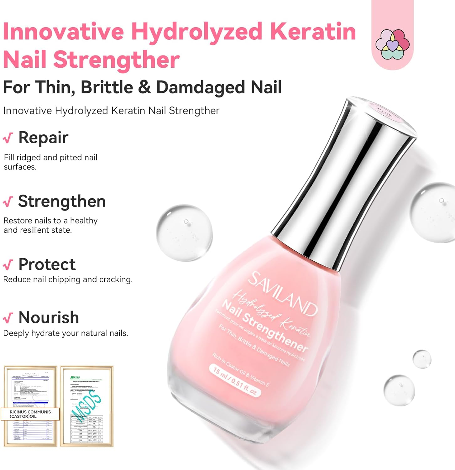 SAVILAND 15Ml Advanced Nail Strengthener: Nail Polish Nail Hardener Foundation Polish Base Coat Air Dry Quick Dry 7-Day Nail Repair Pink Nail Care Oil for Weak Thin & Damaged Nails Gifts for Women image number 6