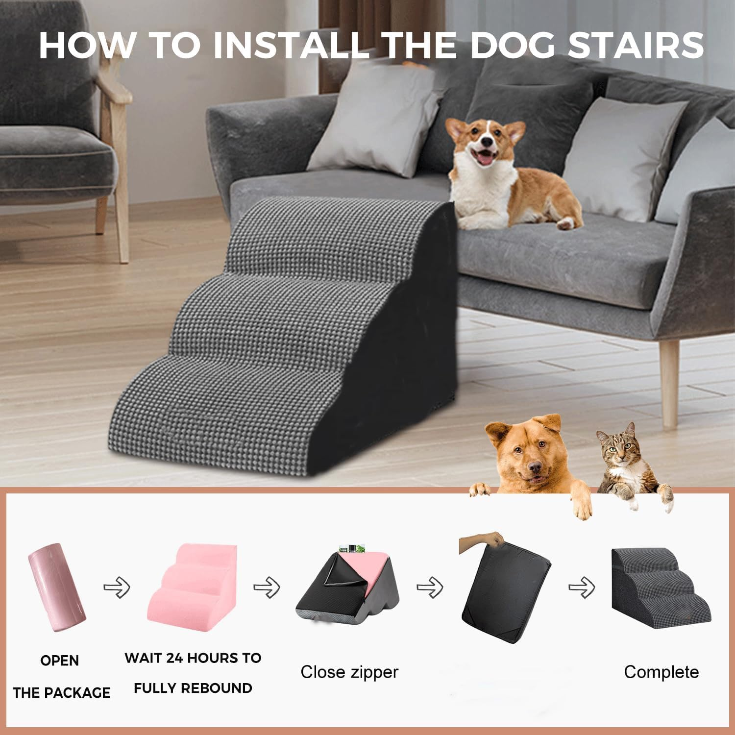 Funtaki Dog Stairs for Small Dogs, Curved Dog Step for Puppy, Older Cats, Non-Slip Pet Ramp for Sofa, Couch or Bed, Ladder with High Density Foam & Washable Cover, 3 Steps image number 6