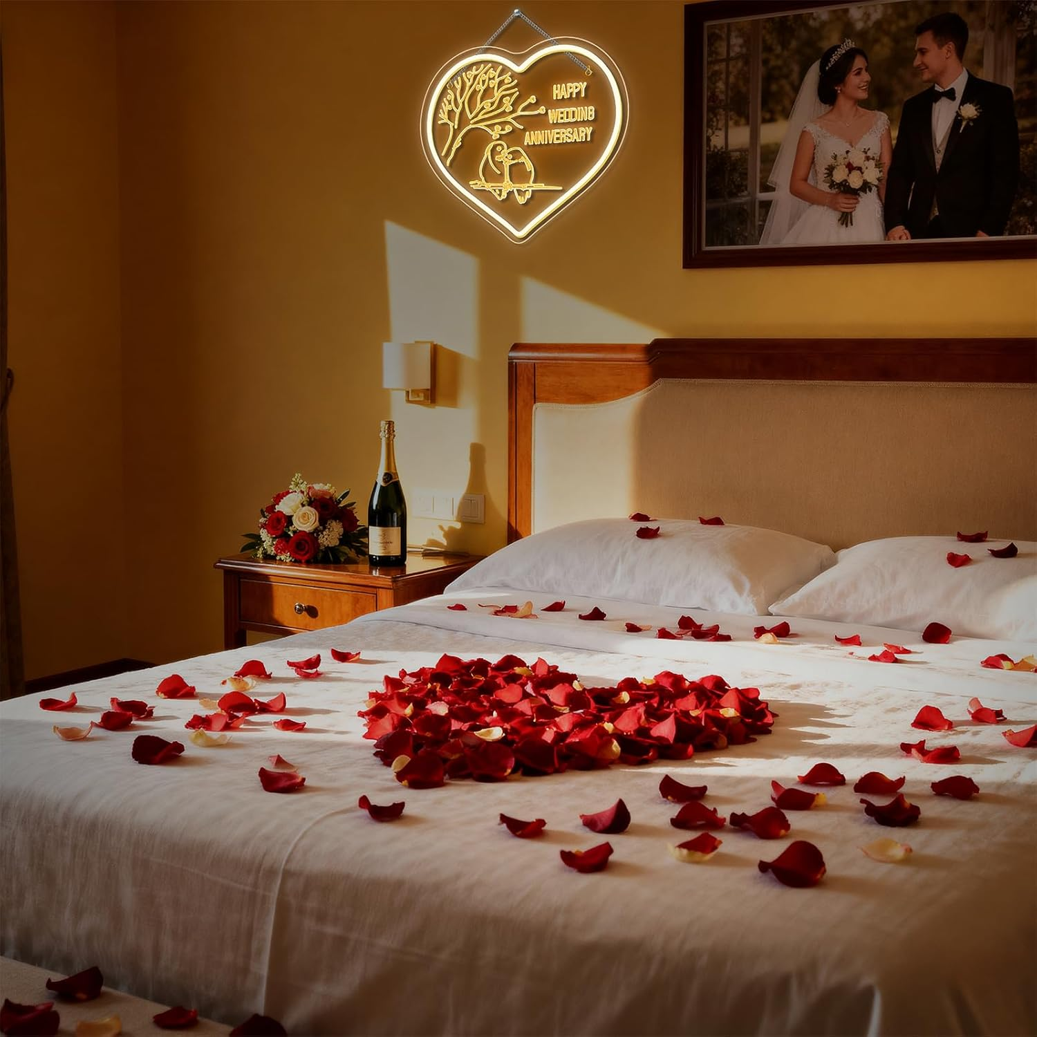 SIGNSHIP Happy Wedding Anniversary Neon Sign Wedding Anniversary LED Sign Dimmable Love Bird LED Lettering Heart Shape Light Signs Decor for Anniversary, Party, Candle Light Dinner, Photo Requist - Happy Wedding Anniversary image number 5