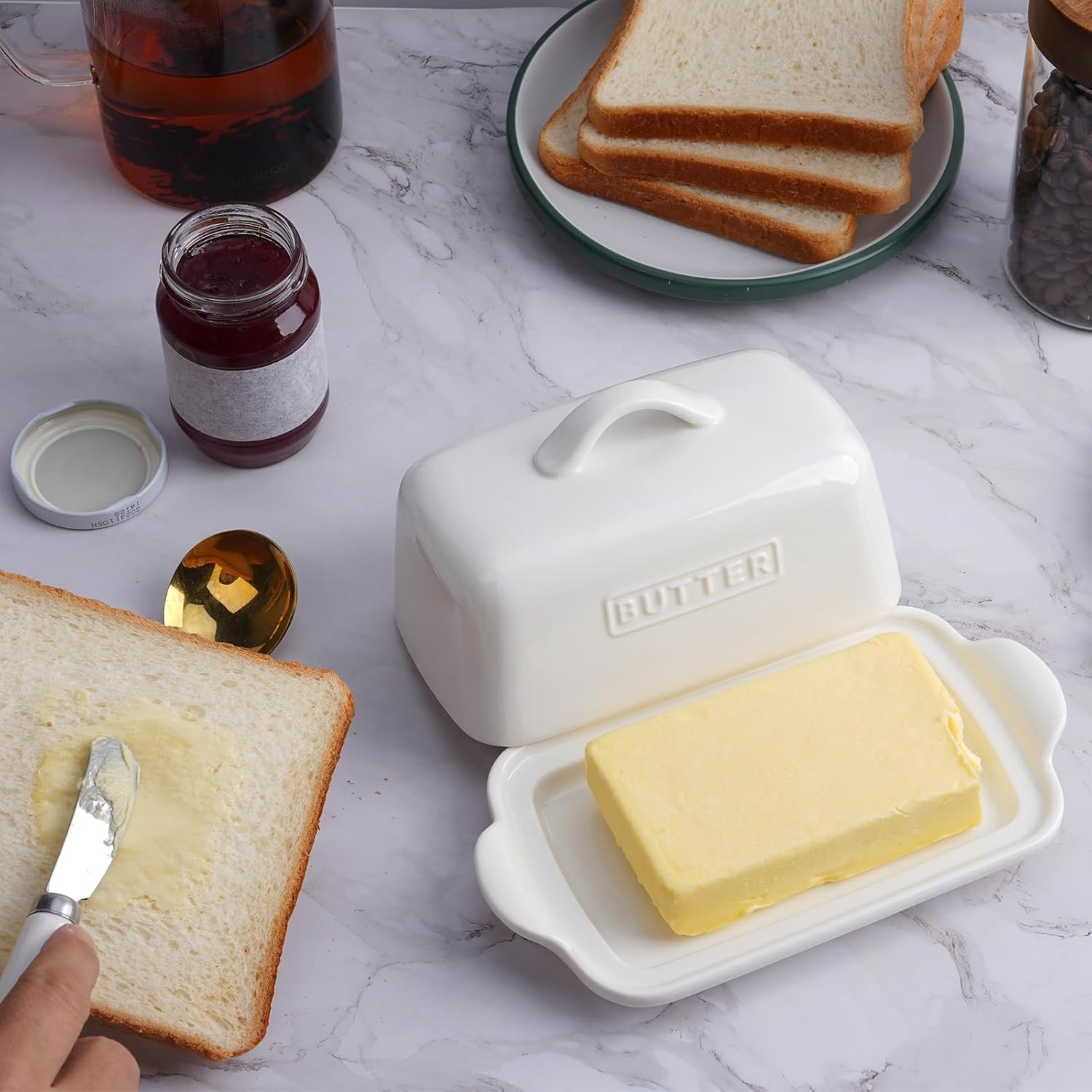 Embossed Butter Dish, Large Porcelain Butter Keeper for Countertop, Ceramic Butter Storage, Butter Holder, AU, (Color-White). image number 5