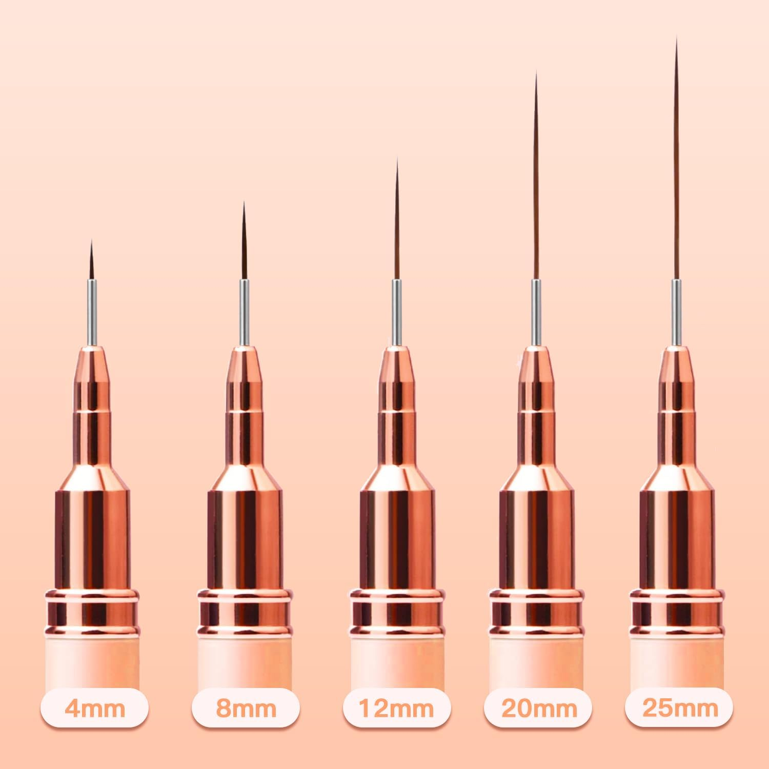 Metallic Nail Art Brushes, 5Pcs Liner Brush Set, UV Gel Polish Painting Art Design Pen for Long Lines, Thin Details, Fine Drawing Sizes 4/8/12/20/25Mm(Champagne Gold)