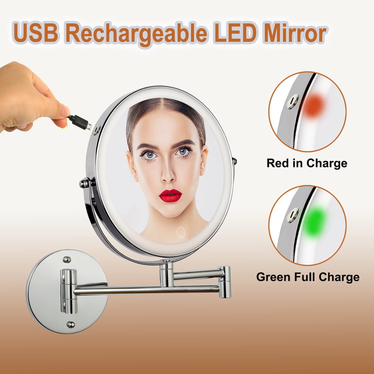 Rechargeable 8 Inch Lighted Wall Magnifying Makeup Mirror with 3 Color Lighting Modes Magnified Double Sided 10X Magnification LED Vanity Mirror with Dimmable Lights