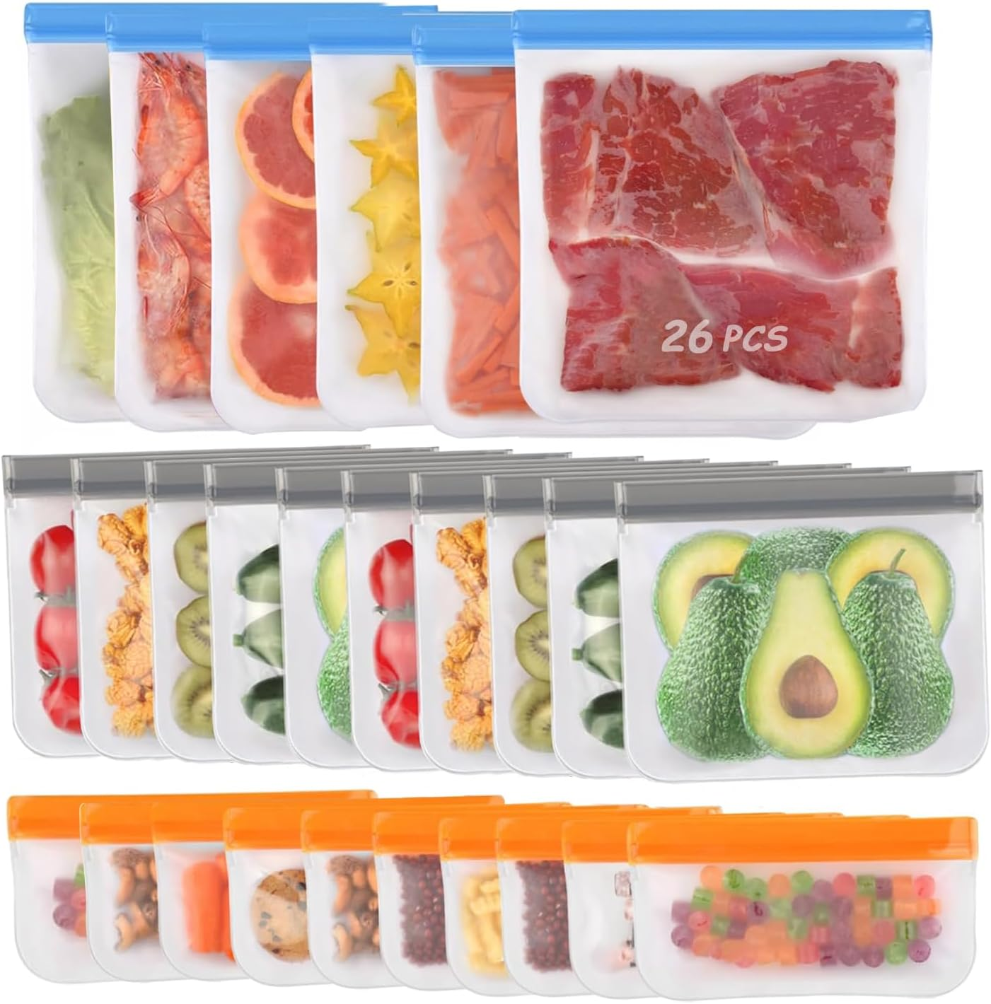 26 PCS Reusable Freezer Bags, Dishwasher Safe Reusable Bags Silicone, BPA Free Silicone Food Bags, Leakproof Silicone Sandwich Bags, Reusable Food Storage Bags for Lunch Meat Veggies