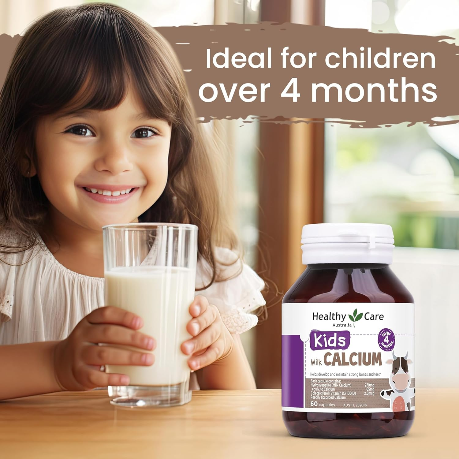 Healthy Care Milk Calcium Capsules for Kids - Supports Strong Bone and Teeth - Premium Dietary Supplement - All-Natural Ingredients - 60 Capsules image number 4
