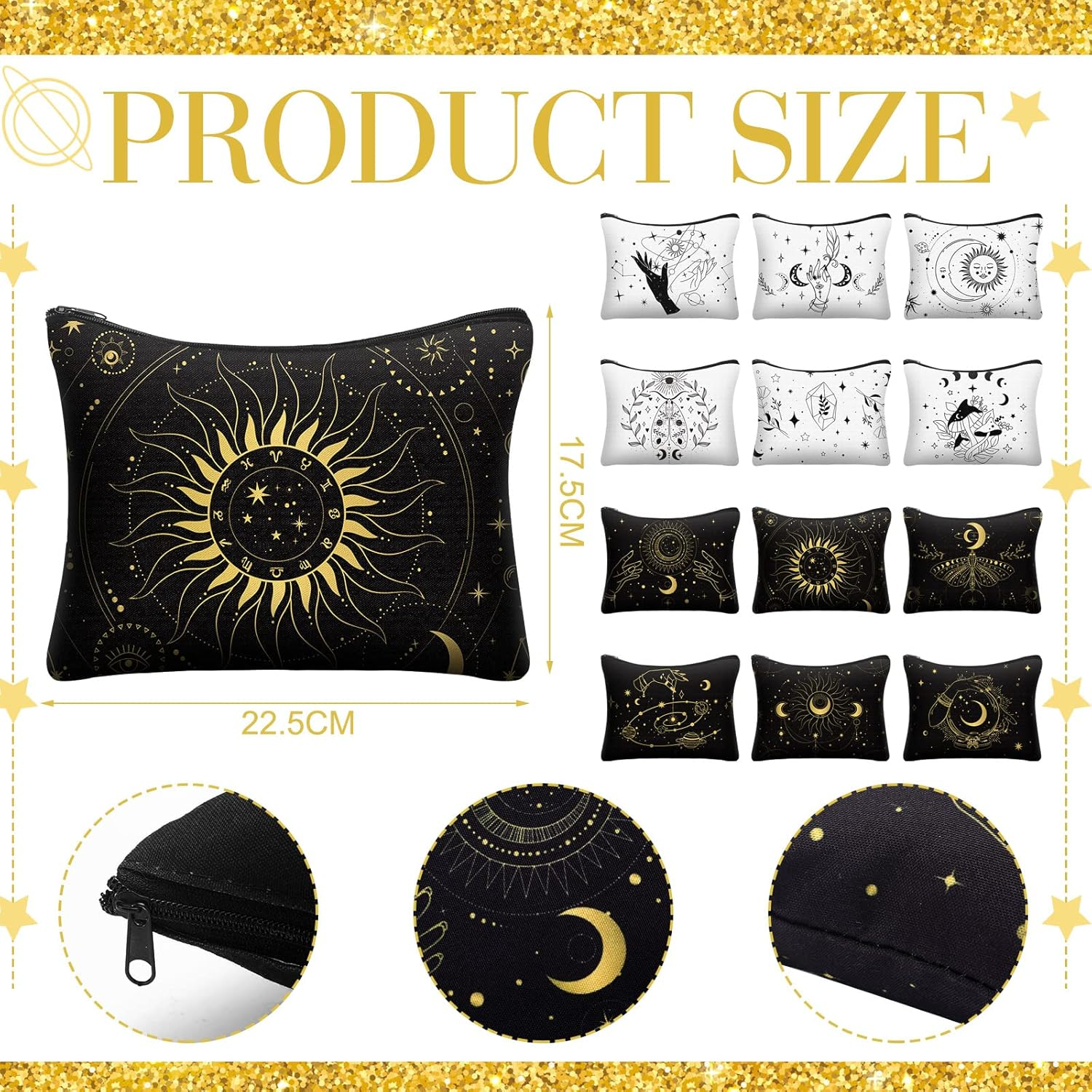 Amylove 12 Pieces Moon Zipper Pouch Bag Witch Tarot Cards Phase Bag Crystals Cosmetic Witchy Purse Toiletry Aesthetic Gothic Makeup Pouch for Women Girls, White and Black