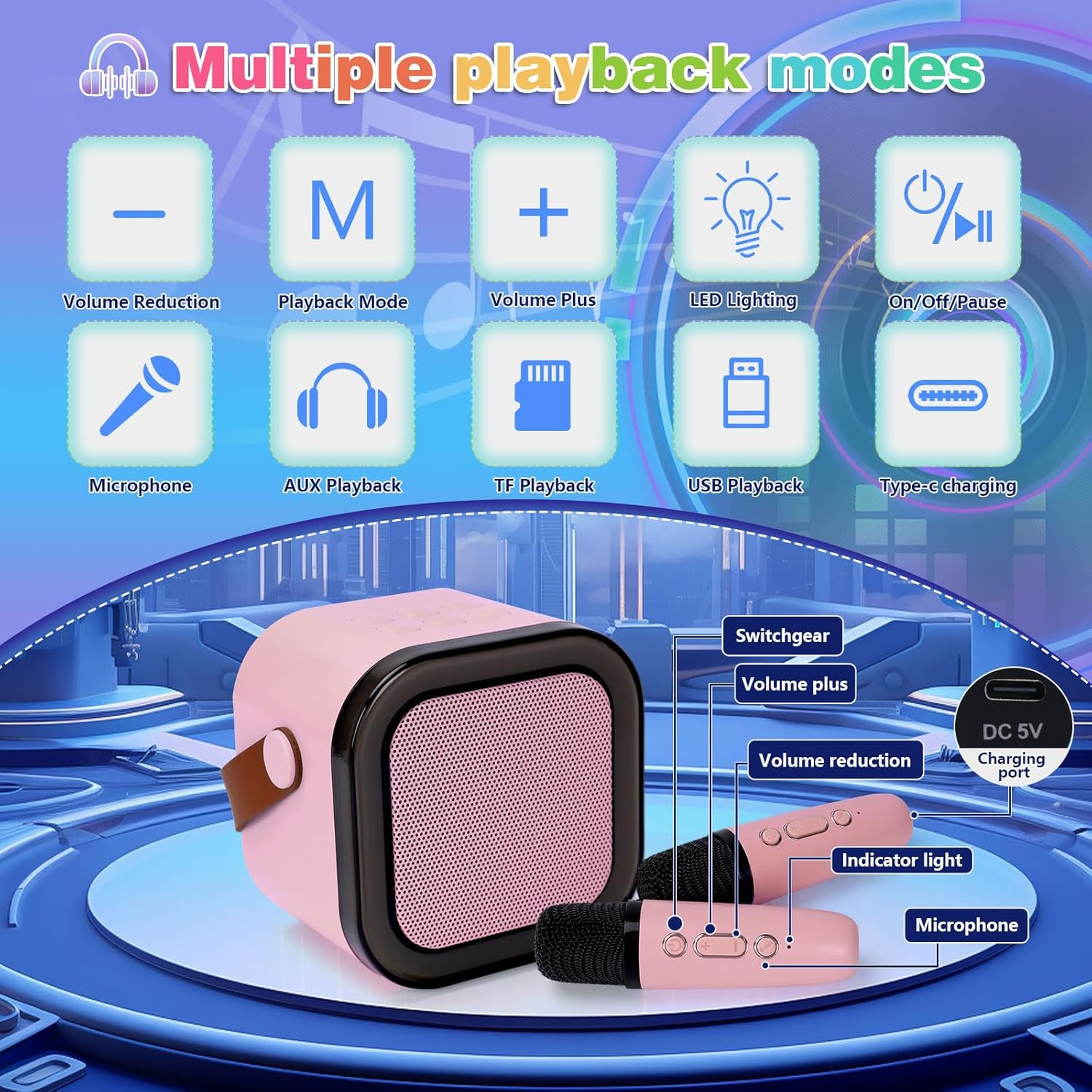 Kids Karaoke Microphone with Bluetooth Speaker for Kids Toys for Boys and Girls 3-12 Years Old, 5-8 Years Old Girls Gifts (Pink 2 Mic) image number 4