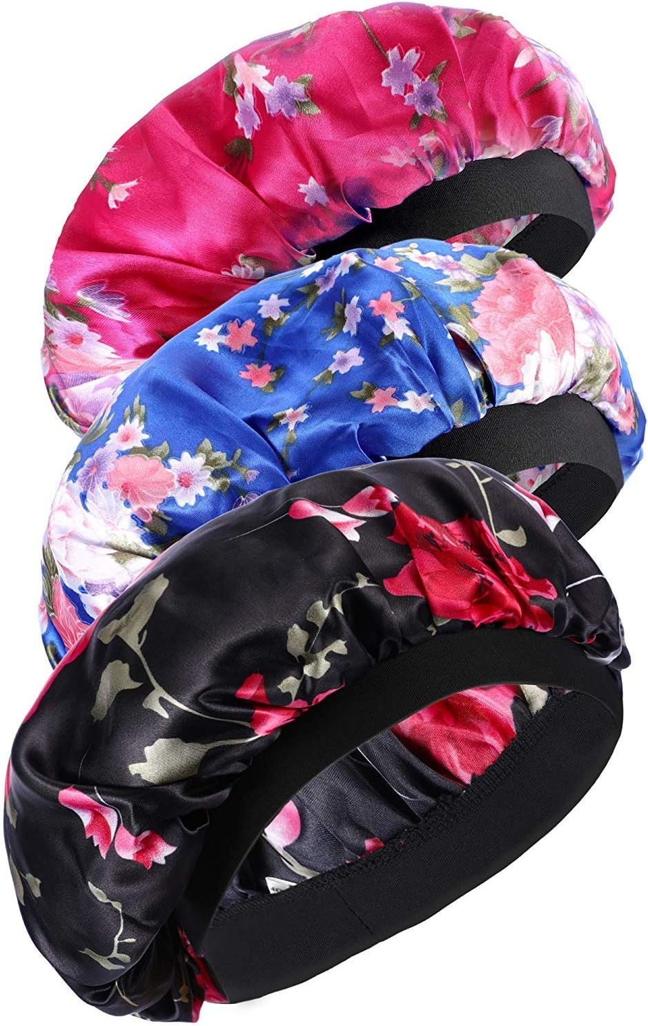 Onwon 3 Pieces Satin Bonnets Night Sleep Caps Wide Band Salon Cap Soft Satin Sleeping Bonnet Silk Night Sleep Hat Hair Loss Cap Sleeping Head Cover for Women Girls Sleeping image number 2