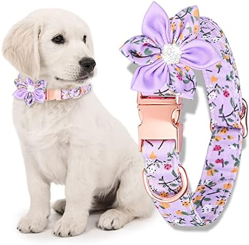 Kalevel Large Dog Collar Stylish Cat Collar Breakaway Pretty Soft Cotton with Floral Pattern Removable Flower for Rottweiler Large Dogs Green