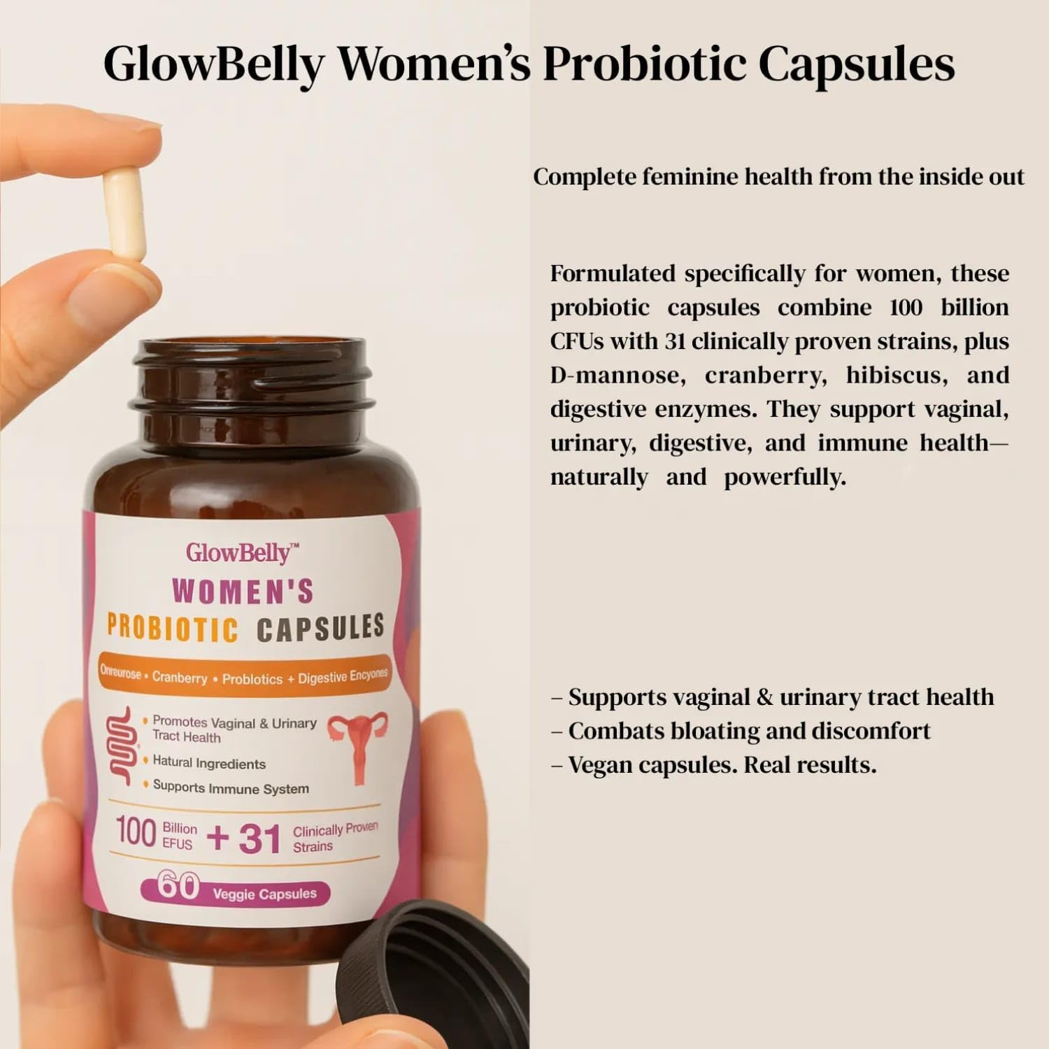 Glowbelly Women&rsquo;S Probiotic | 100 Billion CFU | 31 Strain Broad-Spectrum Blend with Prebiotics, Digestive Enzymes, Cranberry & D-Mannose | Vegan | 60 Shelf-Stable Veggie Capsules