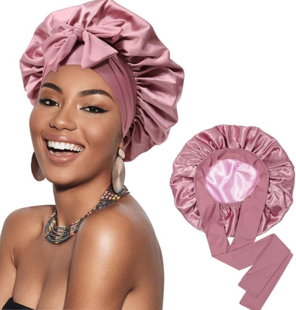 Satin Bonnet Silk Bonnet for Sleeping Silk Sleep Cap Double Layer Hair Bonnet with Elastic Tie Band for Curly Hair Night Cap Pink