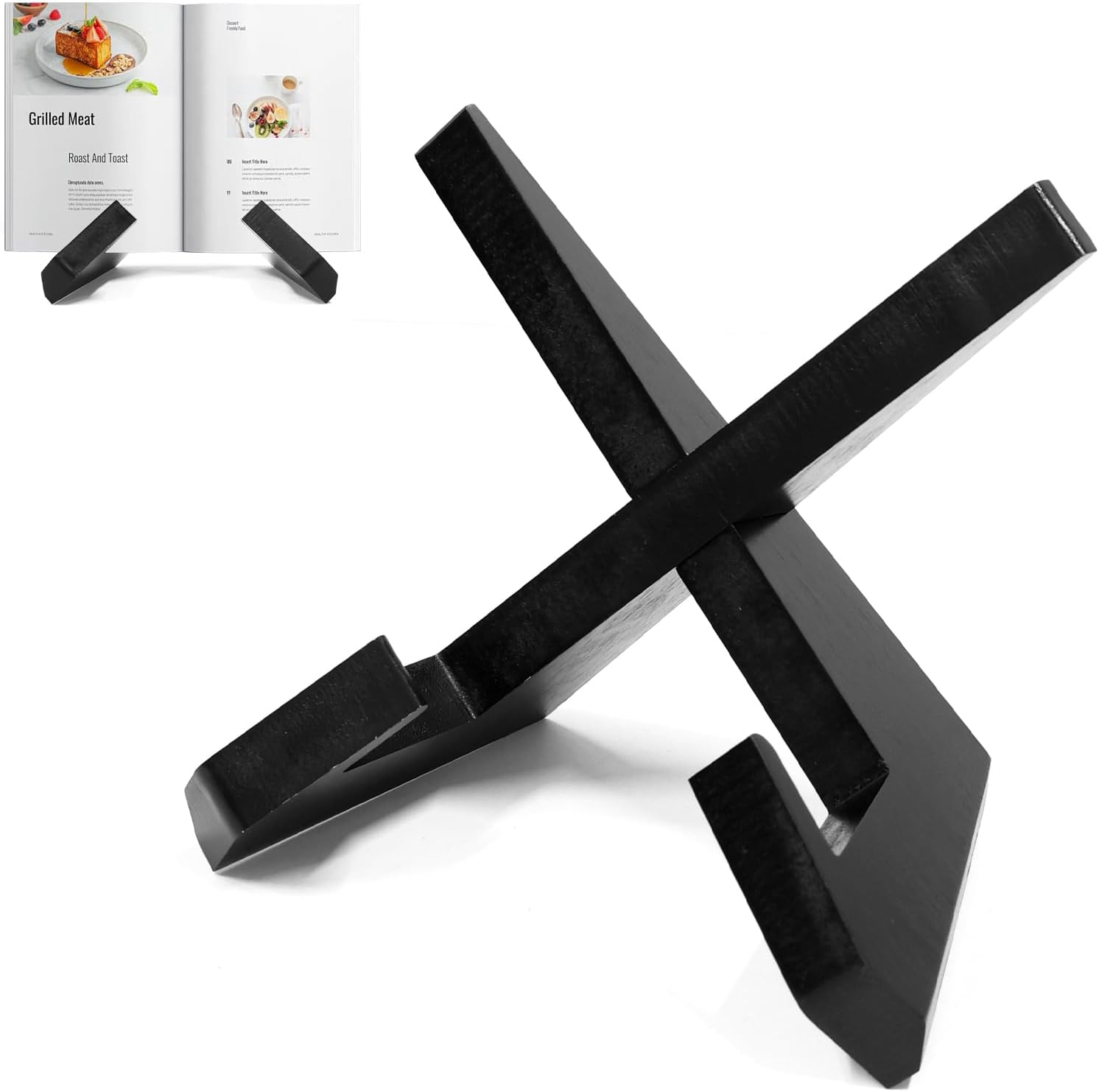 Cookbook Stand for Kitchen, Black Recipe Book Holder for Counter, Wooden Cookbook Holder, Wooden Plate Holder Display Stand for Tabletop image number 3