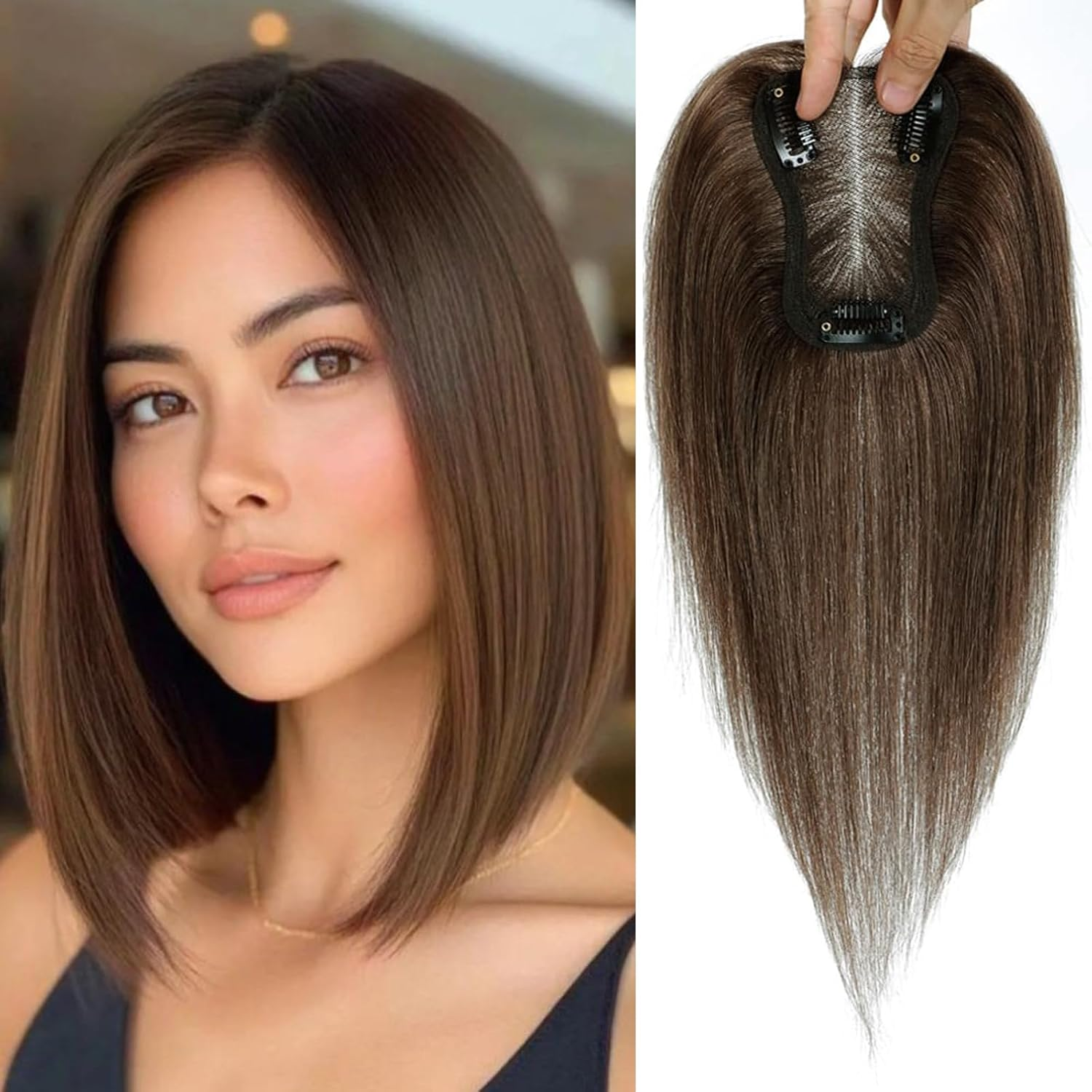 GULALUUK Human Hair Toppers for Woman Real Hairpieces for Thinning Hair 120 Density 3X4 Inch Swiss Bace (10Inch, Medium Brown) image number 2