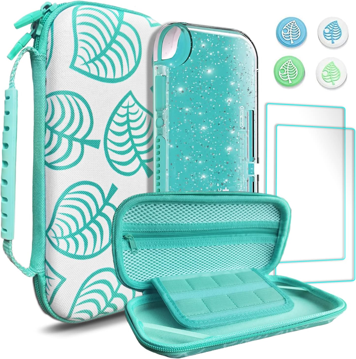 Tikodirect Carrying Case for Nintendo Switch Lite, Shockproof Portable Travel Bag with Glitter Galaxy Case, Screen Protectors and Cute Leaf Thumb Grips Caps, Animal Crossing Pink
