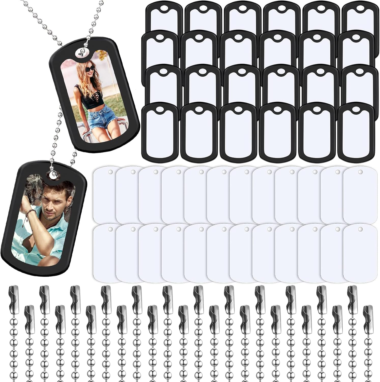 Sublimation Blank Dog Tag Set Aluminum White Stamping Tag Pendants Double Sided Blank Metal Tags with Military Silicone Dog Tag Silencer 23.6 Inch Dog Tag Chain for DIY (6 Sets) image number 4