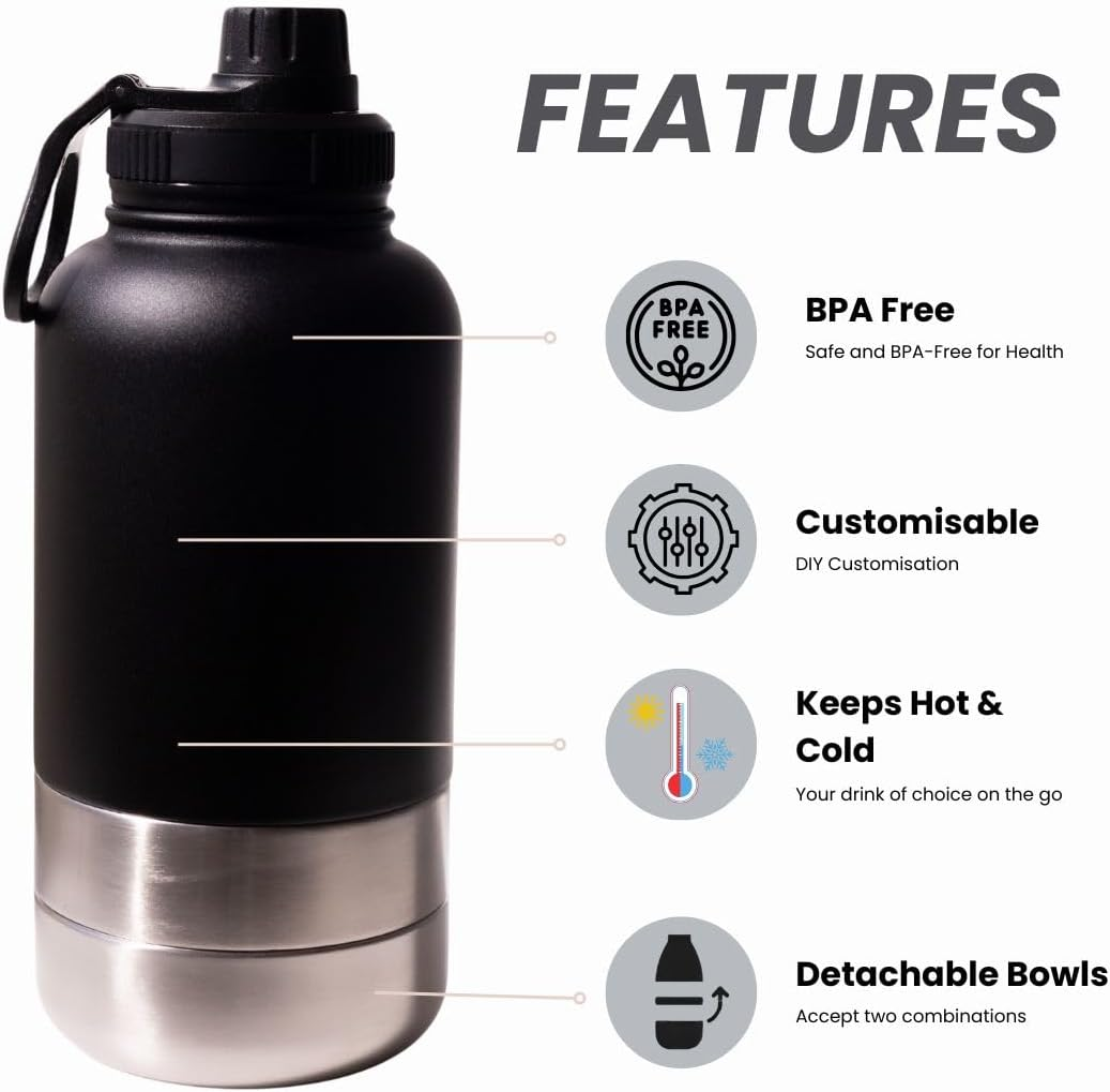 2-In-1 Dog Water Bottle & Food Dispenser, Insulated Stainless Steel Travel Bottle with Built-In Bowl, Portable Pet Hydration for Hiking & Outdoors (Black) image number 4