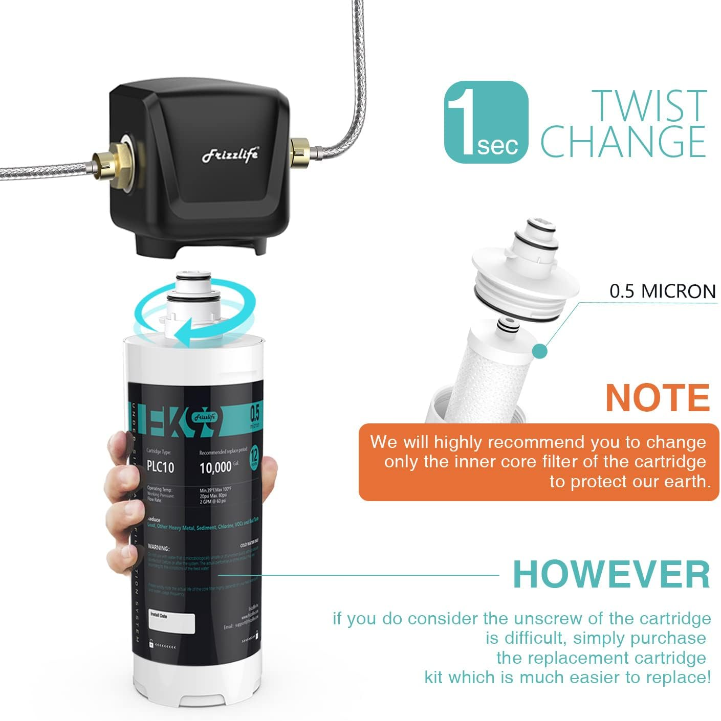 Frizzlife FK-HF Replacement Cartridge with Filter Loaded - for FK99 under Sink Water Filter System image number 1