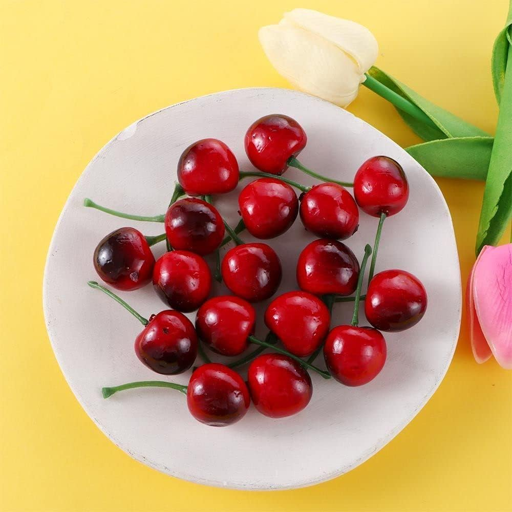 YSSZAM 20Pcs Red Artificial Cherry Fruit Lifelike Simulation Cherries,Artificial Cherry Decorations Fake Fruit Model,For Home Kitchen Decoration Artificial Fruits image number 1