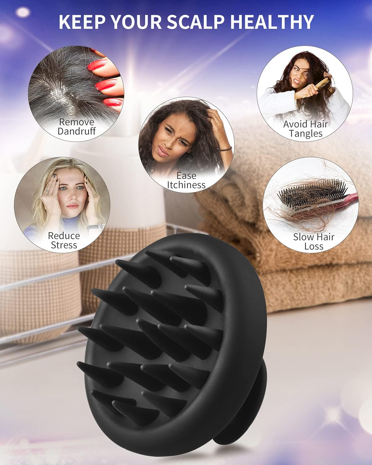 Scalp Massager Shampoo Brush, Waterproof Shower Scalp Scrubber with Soft Silicone Bristles, Scalp Brush for Hair Growth & Dandruff Treatment, Hair Massager for All Hair Types of Men Women Kids (Black) - Black image number 2