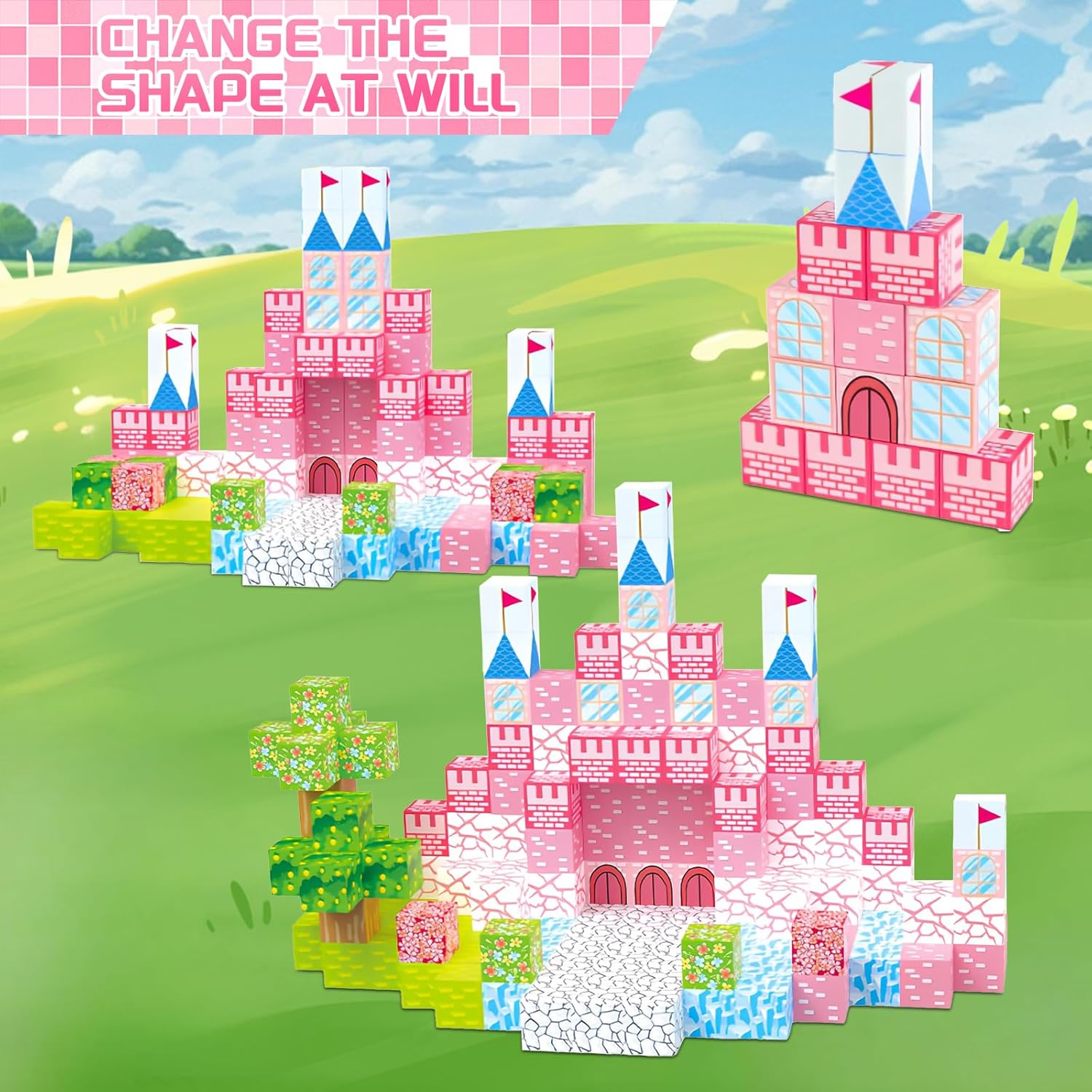 Magnetic Building Blocks 128PCS - STEM Sensory Toys for Kids Ages 3-8, 2.5CM Large Magnetic Tiles Castle Garden Set, Creative Construction Educational Toys for Toddler Boys & Girls