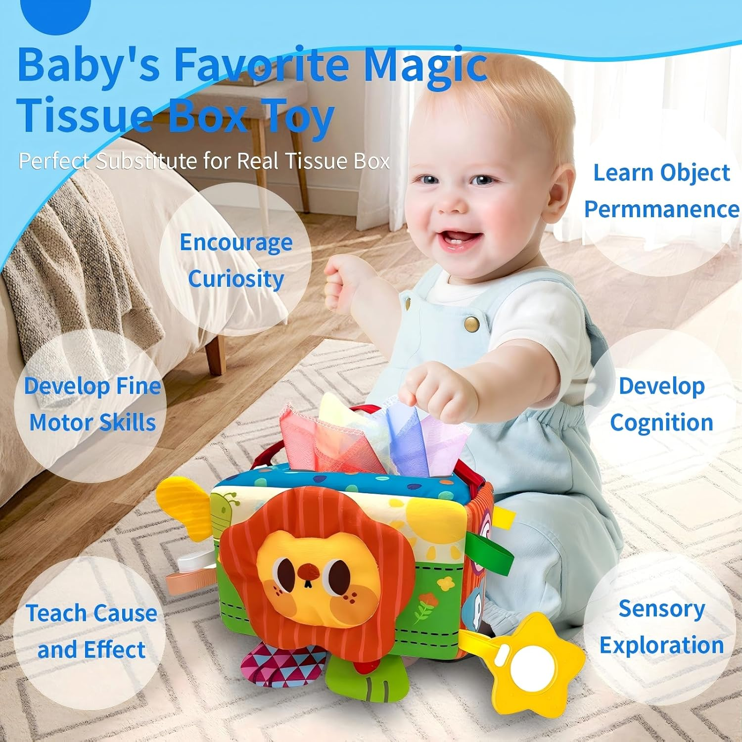 Baby Toys - Baby Tissue Box Toy, Montessori Toys for Toddlers 6-12 Months with Textured Tails, Cloth Tissues, Crinkle, Squeaky Sounds, Mirror - Gifts Play Silks Sensoy Scarves for Babies image number 3