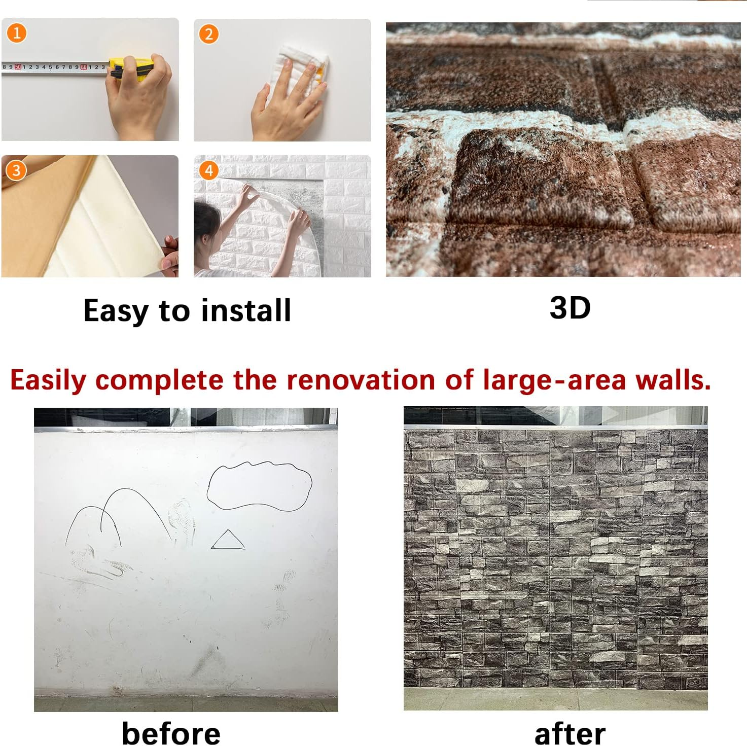 10PCS 3D Wall Panels Peel and Stick Foam 3D Brick Wallpaper Peel and Stick Red Faux Stone Wall Panel Self-Adhesive Wallpaper (10PCS, Red) image number 4
