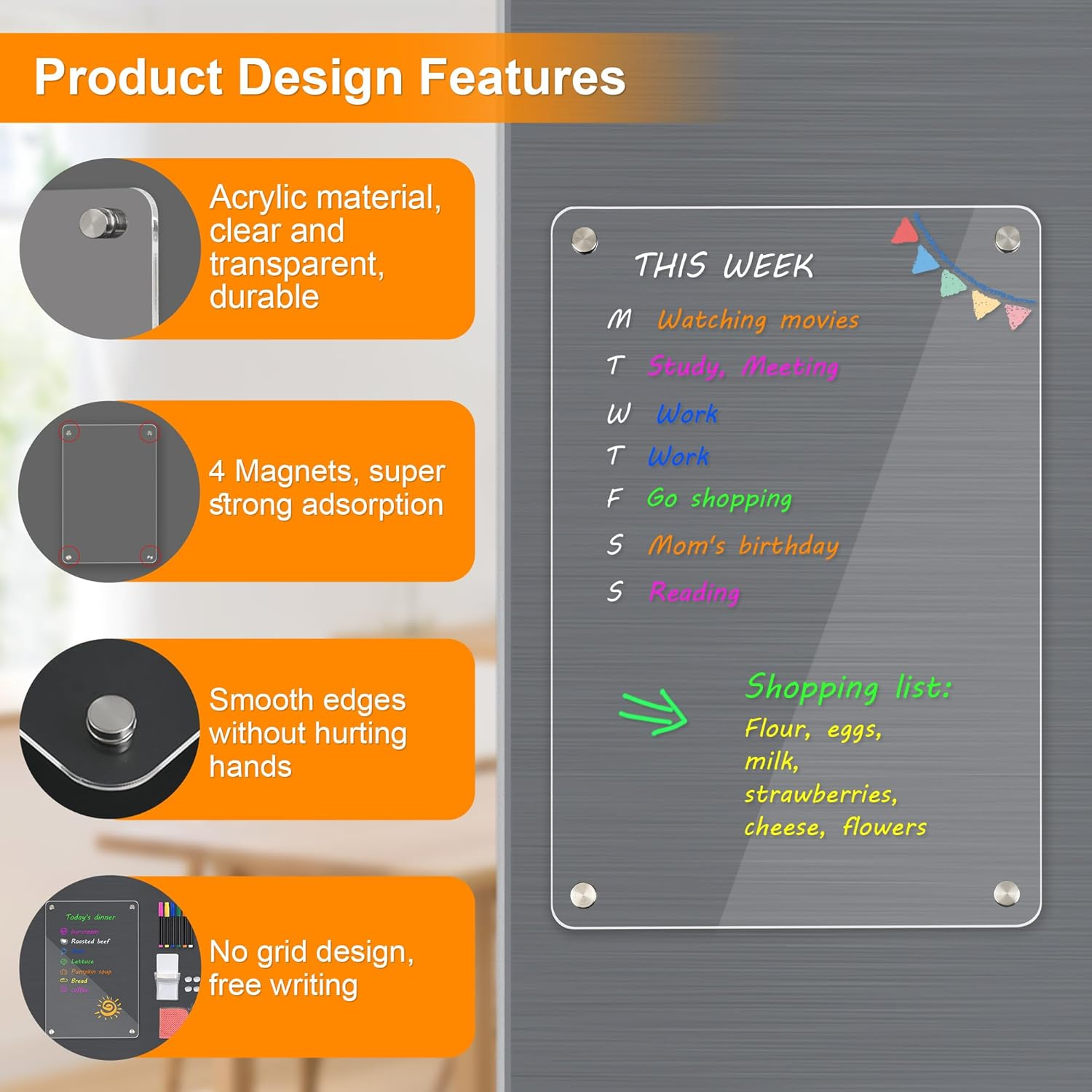 Acrylic Fridge Planner, 30 X 20 Cm Magnetic to Do List, Weekly Meal Planner Magnetic Fridge, Including 6 Wet Erase Markers, Marker Holder, Silicone Pads and Wipe Cloth.