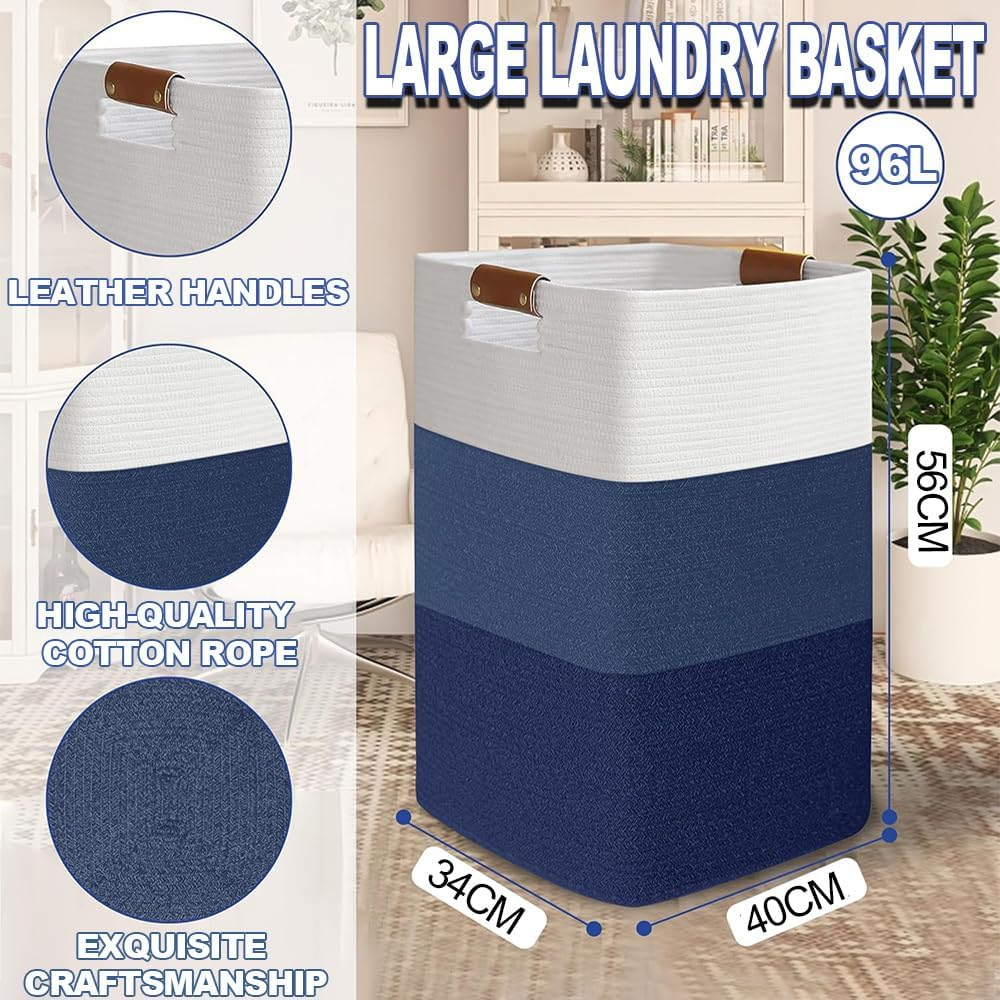 Laundry Basket, Large Laundry Basket, Decorative Cotton Rope Woven Basket, Cotton Woven Storage Basket with Leather Handles for Living Room, Bedroom, Blankets, Clothes (White Blue) image number 2