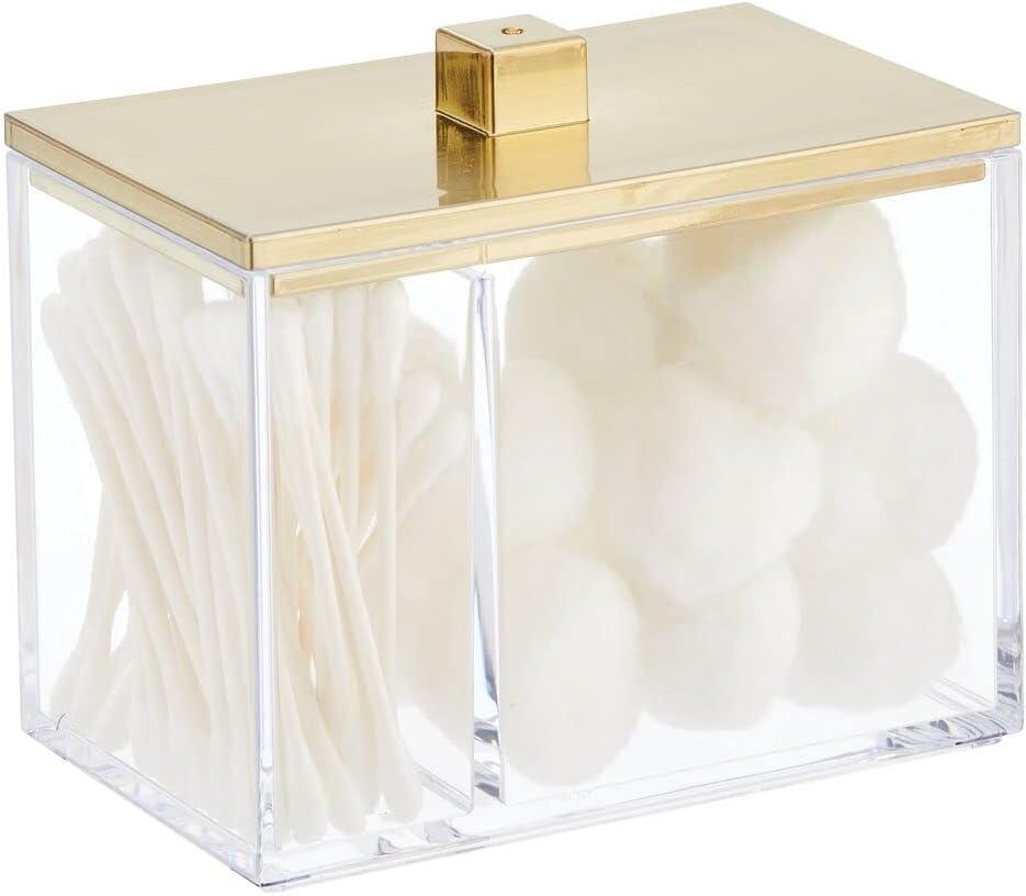 Mdesign Modern Square Bathroom Vanity Countertop Storage Organizer Canister Jar for Cotton Swabs, Rounds, Balls, Makeup Sponges, Bath Salts - 2 Divided Sections - Clear/Soft Brass image number 2