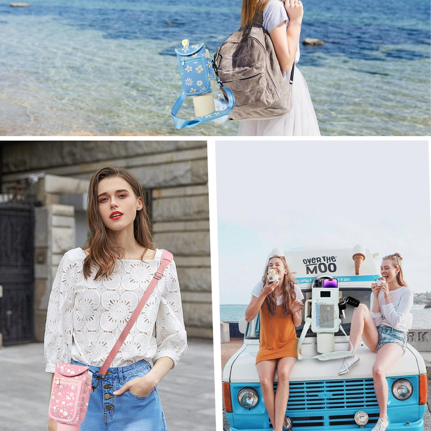 Water Bottle Carrier Bag with Pocket Fits for Stanley 40 Oz Tumbler, Neoprene Water Bottle Holder Pouch with Adjustable Strap for Stanley Cup Accessories (Pink Flower) - Blue Moon image number 2