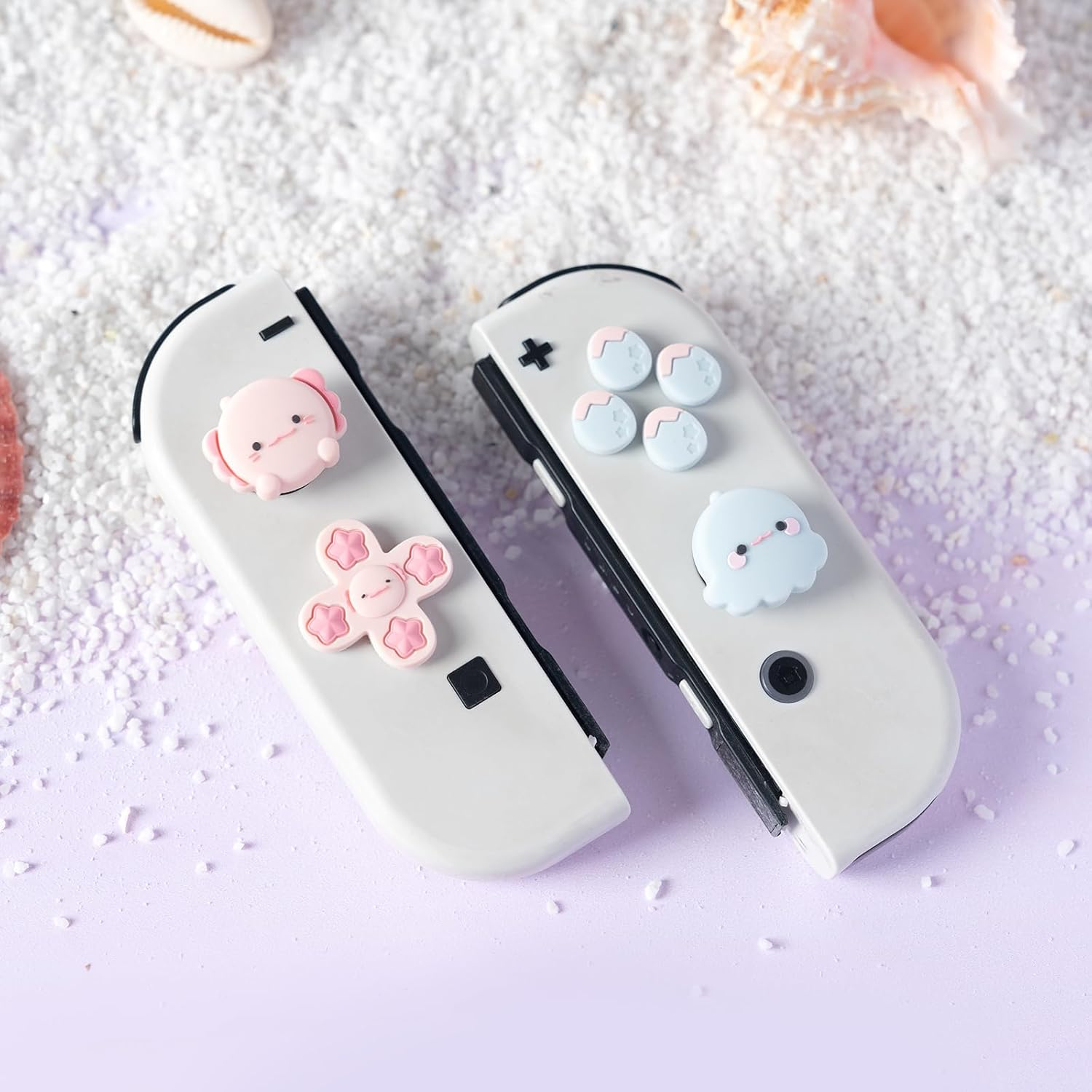 BUBBLELOGUS Soft Silicone ABXY Key Buttons Sticker Joystick Cover, Cute Cross D-Pad Button Caps Thumb Grips Set for Nintendo Switch/Oled Controller - Ocean Friends image number 3
