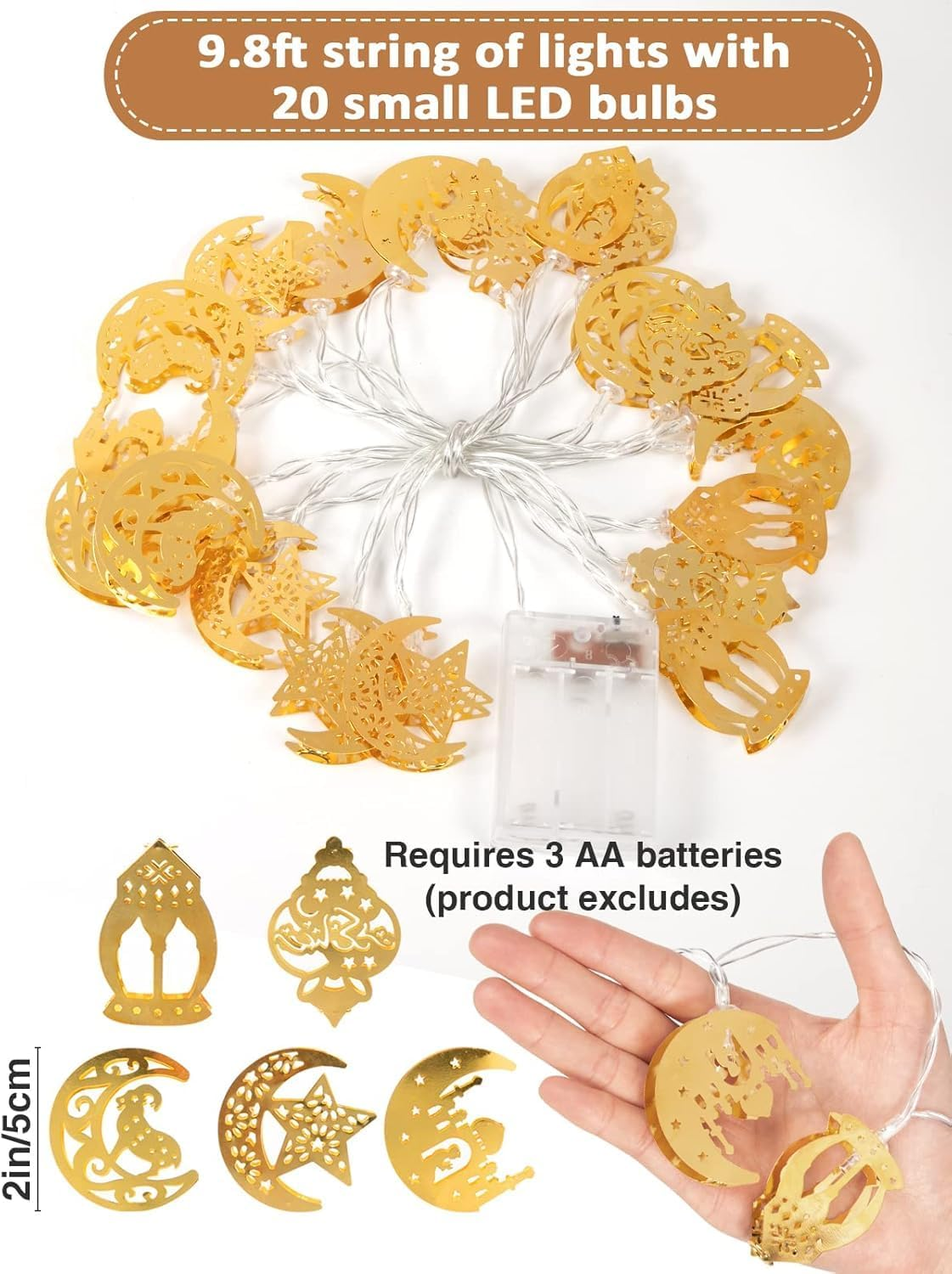 Ramadan Light Decorations, Battery Operated 20 LED EID Mubarak Lights, Bronze Metal Moon Star Lantern String Lights for Home, Mantle, Window, Tree, Bedroom, Classroom Decor image number 5