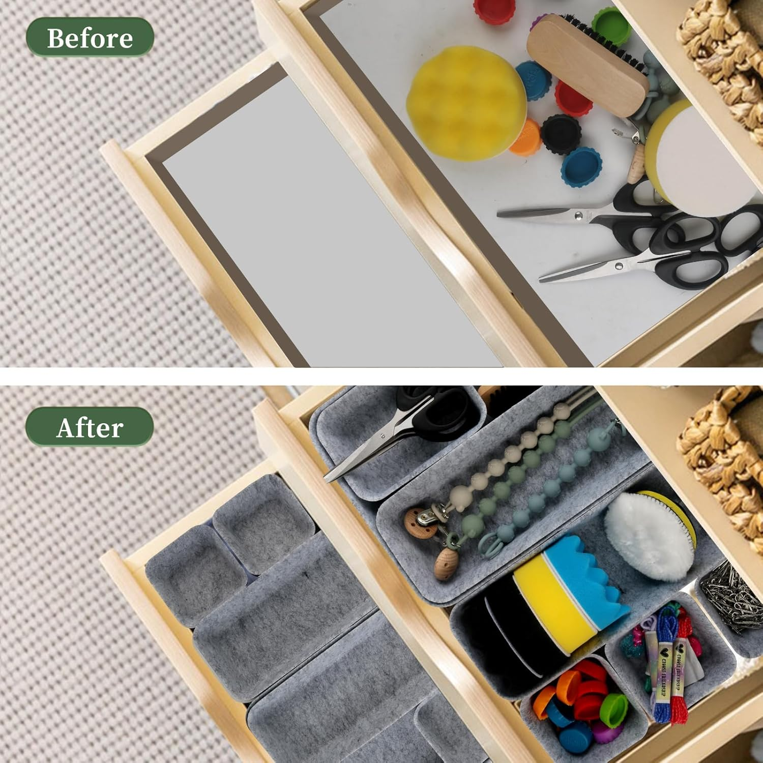 CTYUEYUN Felt Drawer Organiser, Pack of 8, Stackable Felt Organiser Drawer, Dressing Table Organiser for Drawer, Desk Organiser, Drawers for Desk, Bedroom, Bathroom, Kitchen (Light Grey) image number 5