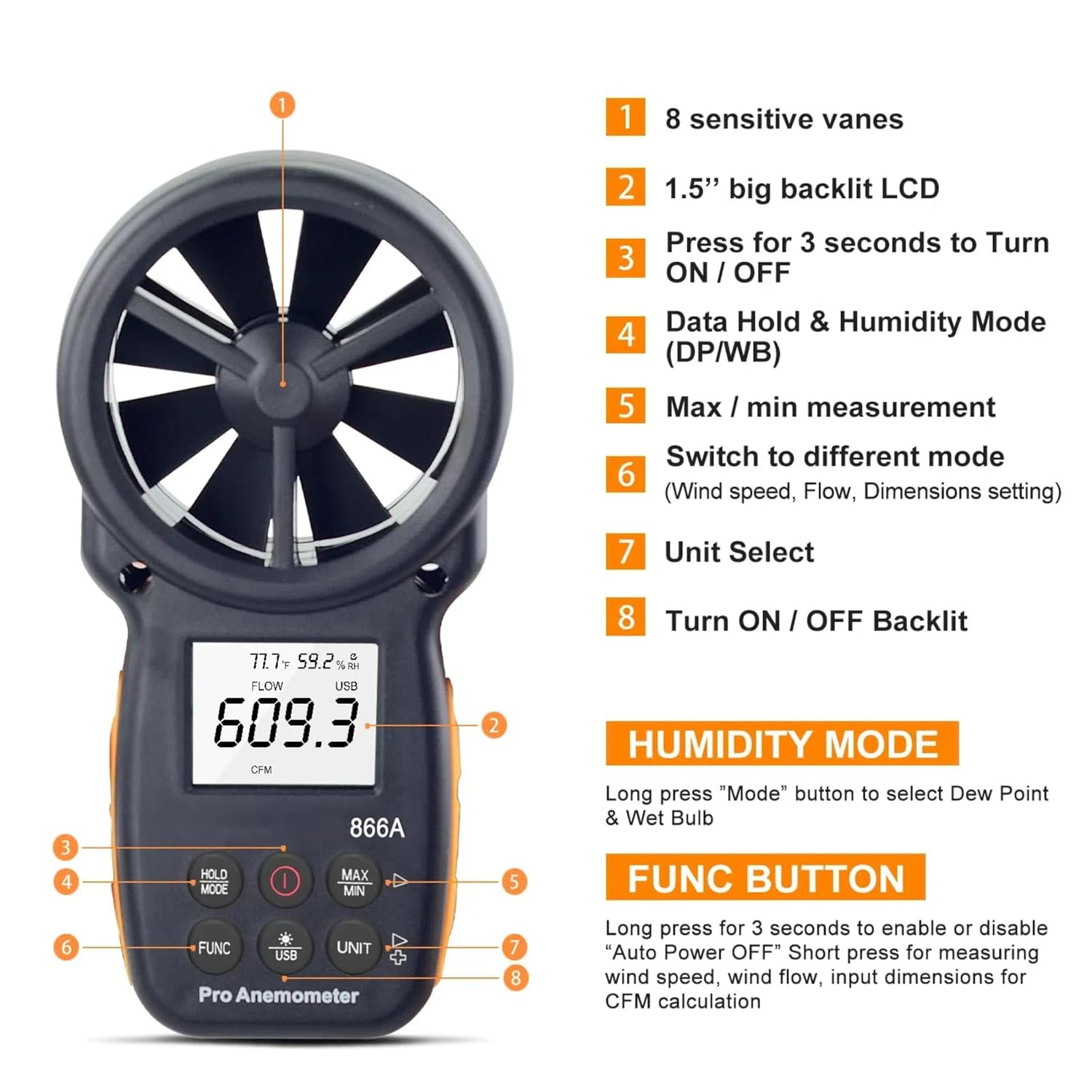 Holdpeak 866A Anemometer HVAC, Pro CFM Air Flow Meter for Wind Speed Temp Humidity Dew Point Airflow Measuring Device, Handheld Wind Gauge Meter with USB image number 4