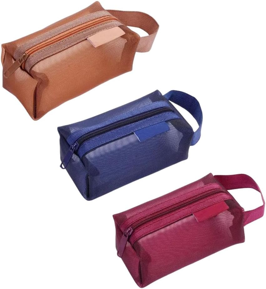 3Pcs Portable Square Mesh Storage Bag, Zippered Cosmetic Bag, Small Coin Purse Travel Carry Pouch (Red+Brown+Dark Blue) - Blue image number 5